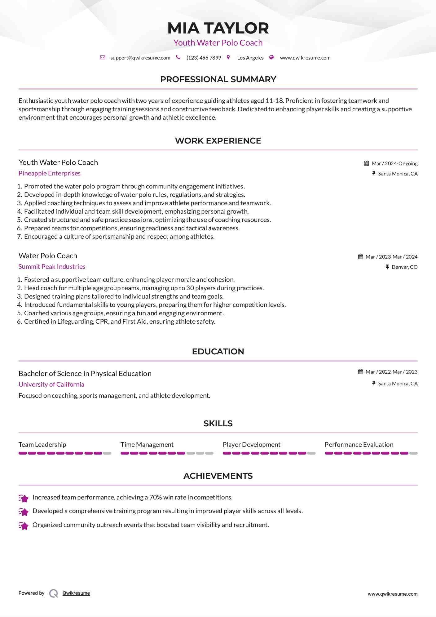 Youth Water Polo Coach Resume Template