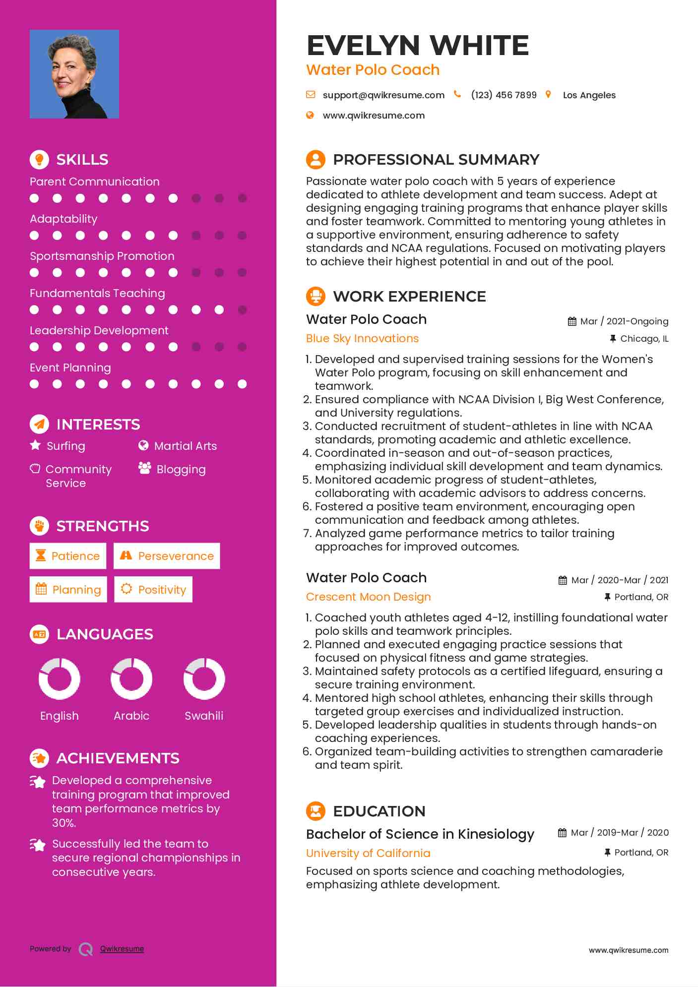 Water Polo Coach Resume Format