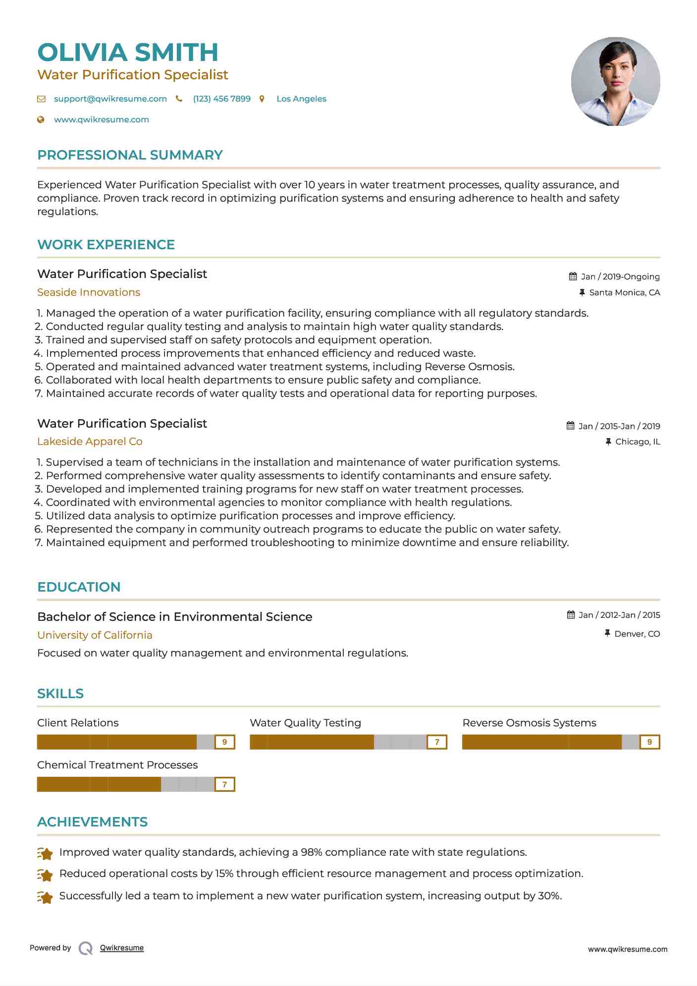 Water Purification Specialist Resume Samples QwikResume