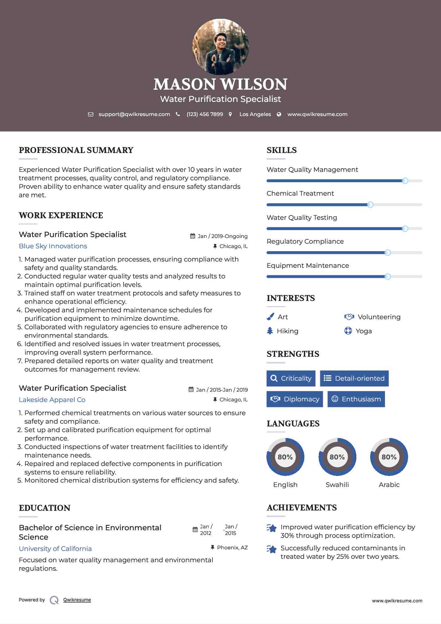 Water Purification Specialist Resume Samples QwikResume