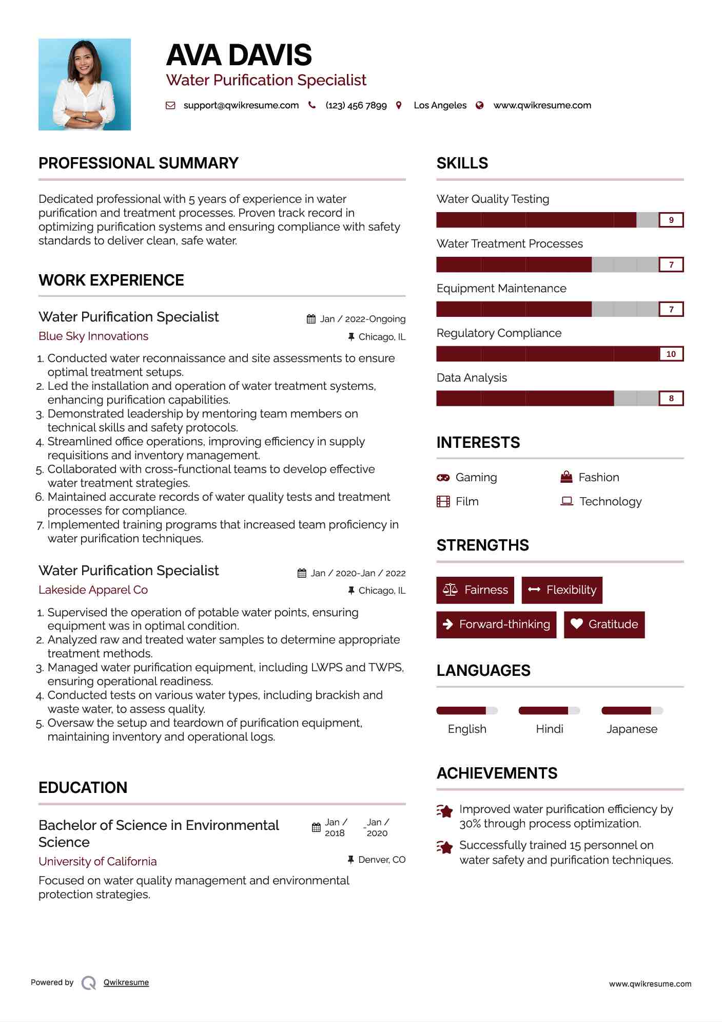Water Purification Specialist Resume Samples QwikResume