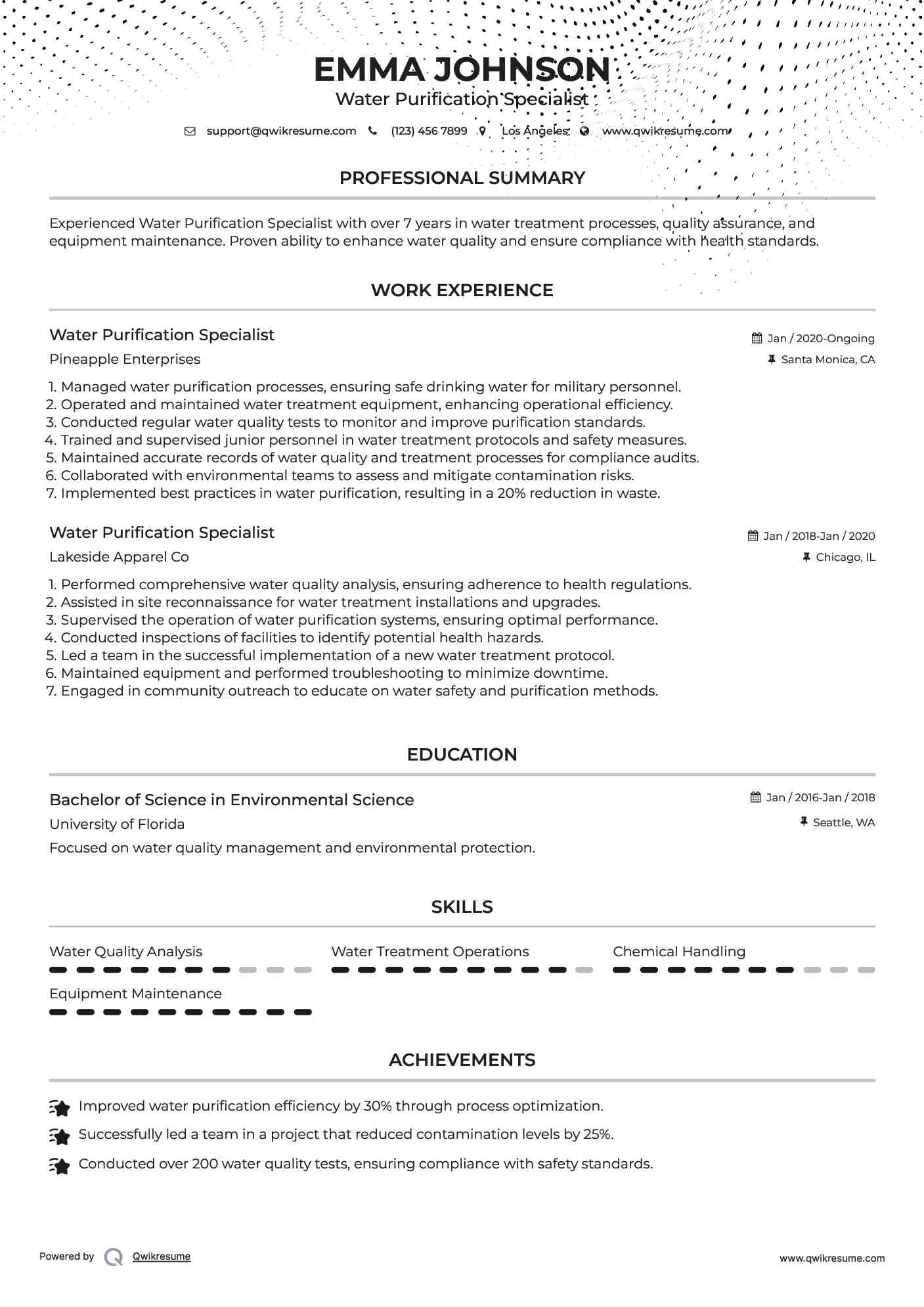 Water Purification Specialist Resume Sample