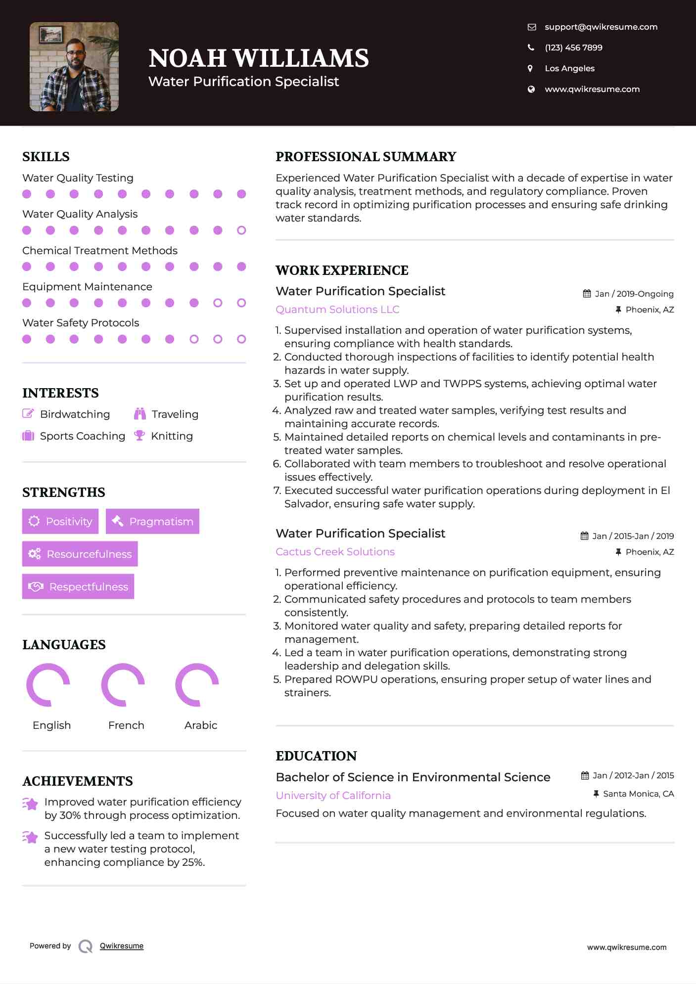 Water Purification Specialist Resume Samples QwikResume