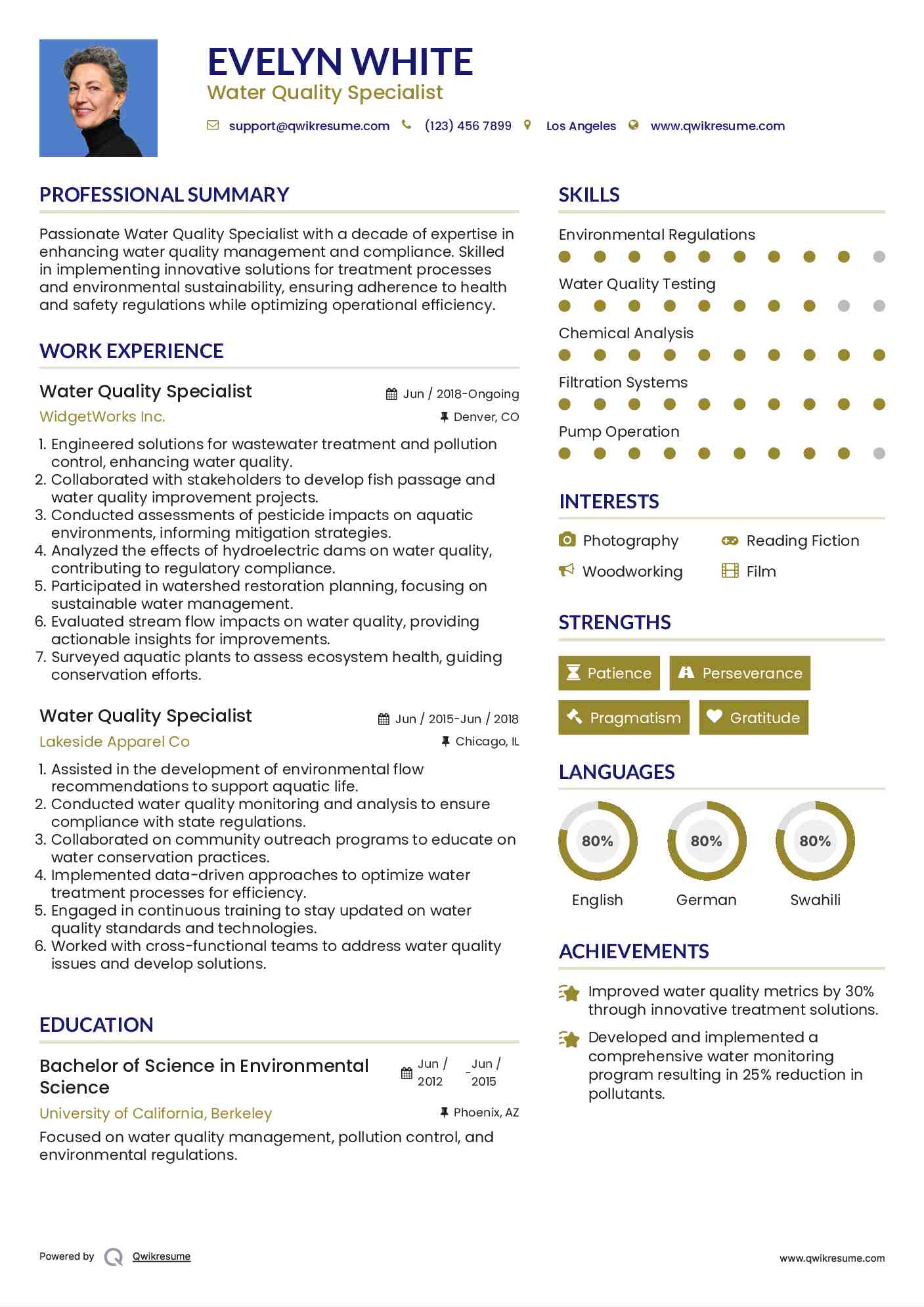 Water Quality Specialist Resume Template