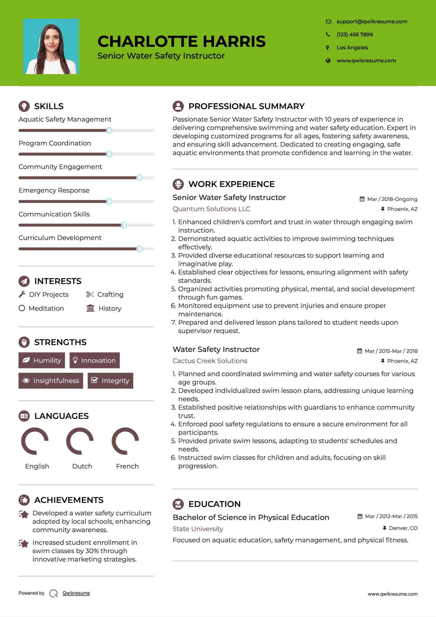 Senior Water Safety Instructor Resume Model