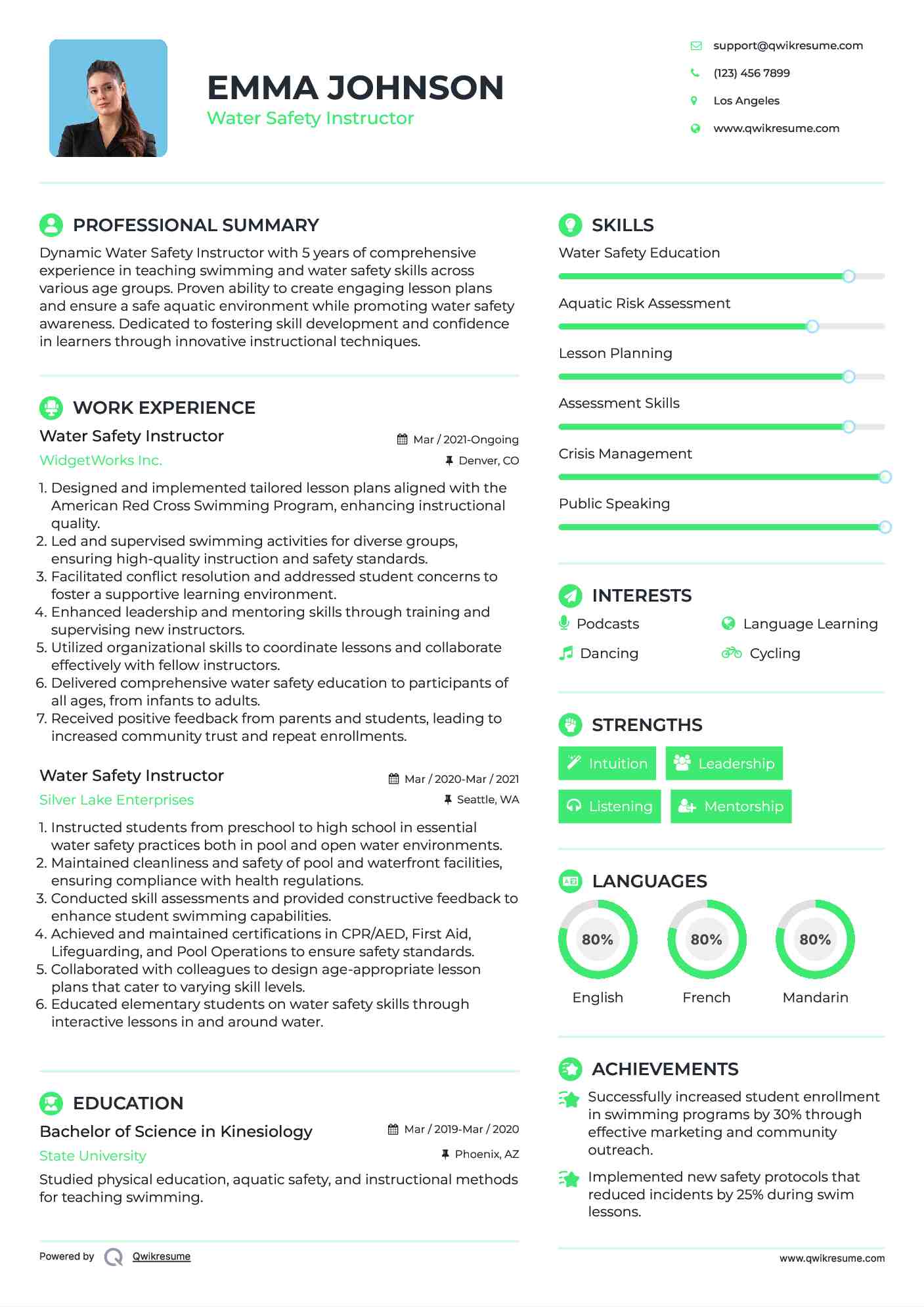 Water Safety Instructor Resume Sample