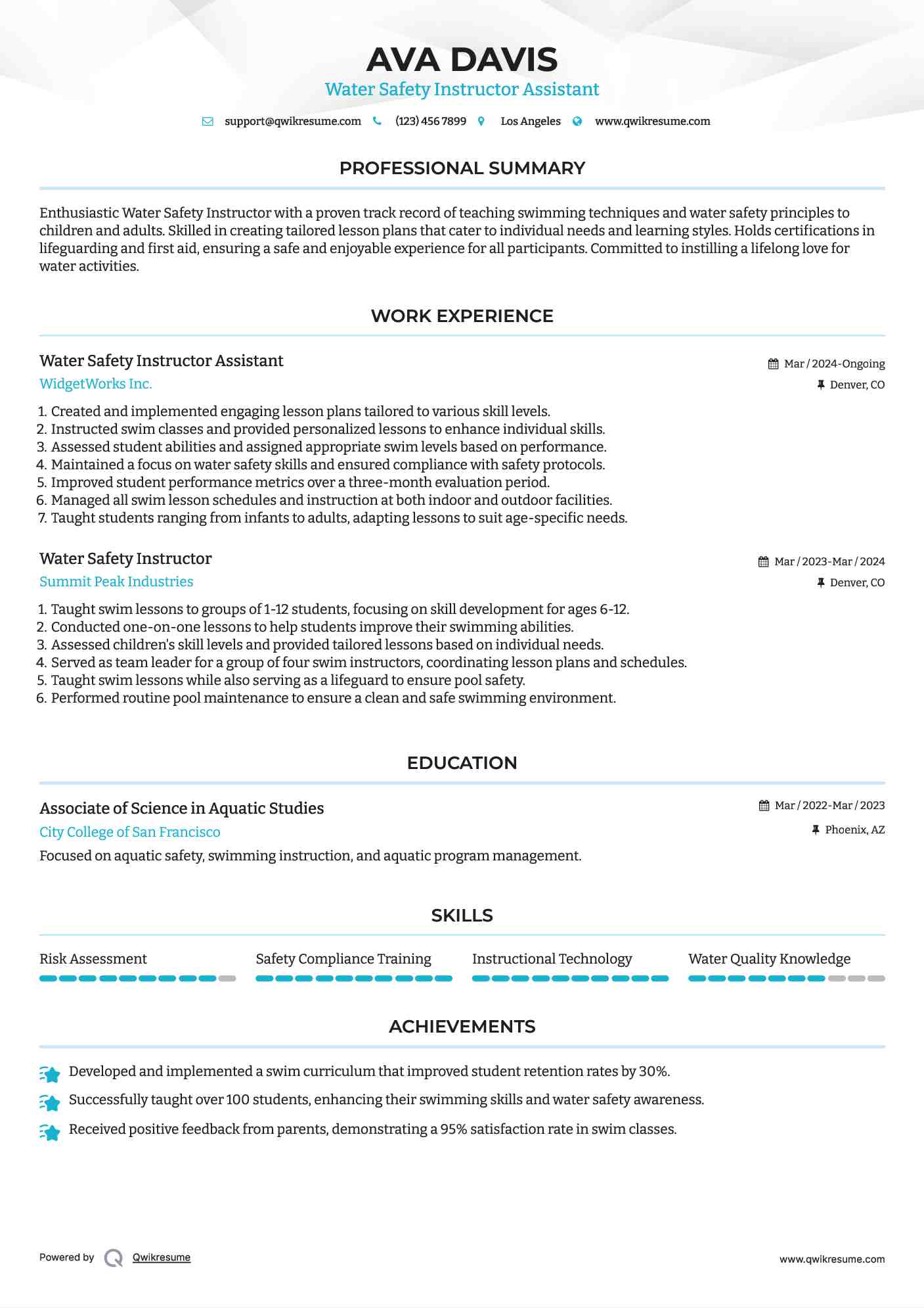 Water Safety Instructor Assistant Resume Template