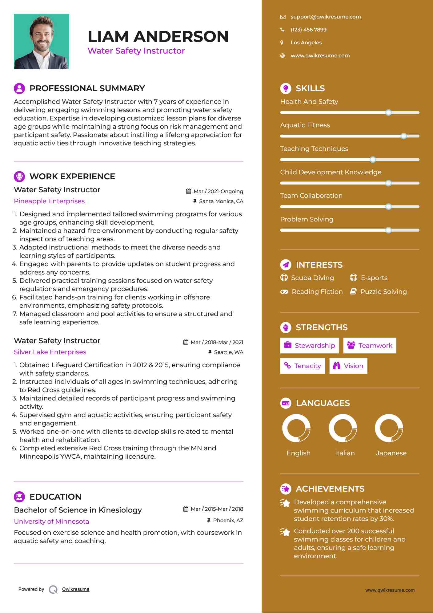 Water Safety Instructor Resume Sample