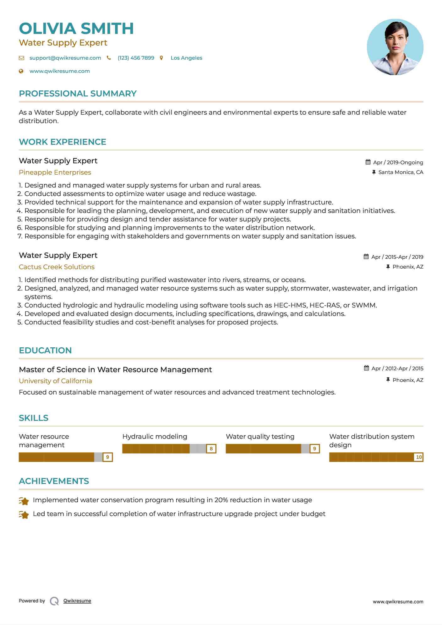 Water Supply Expert Resume Sample