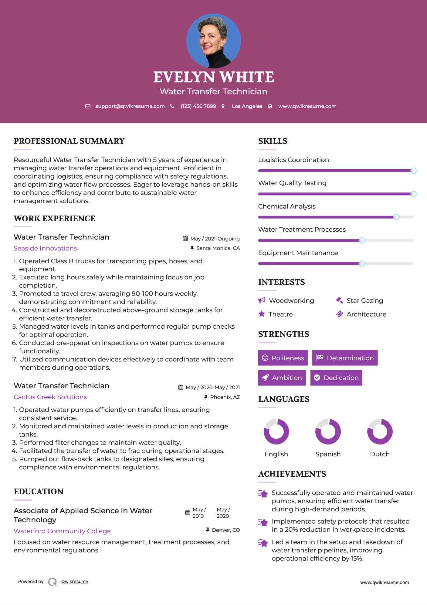 Water Transfer Technician Resume Example