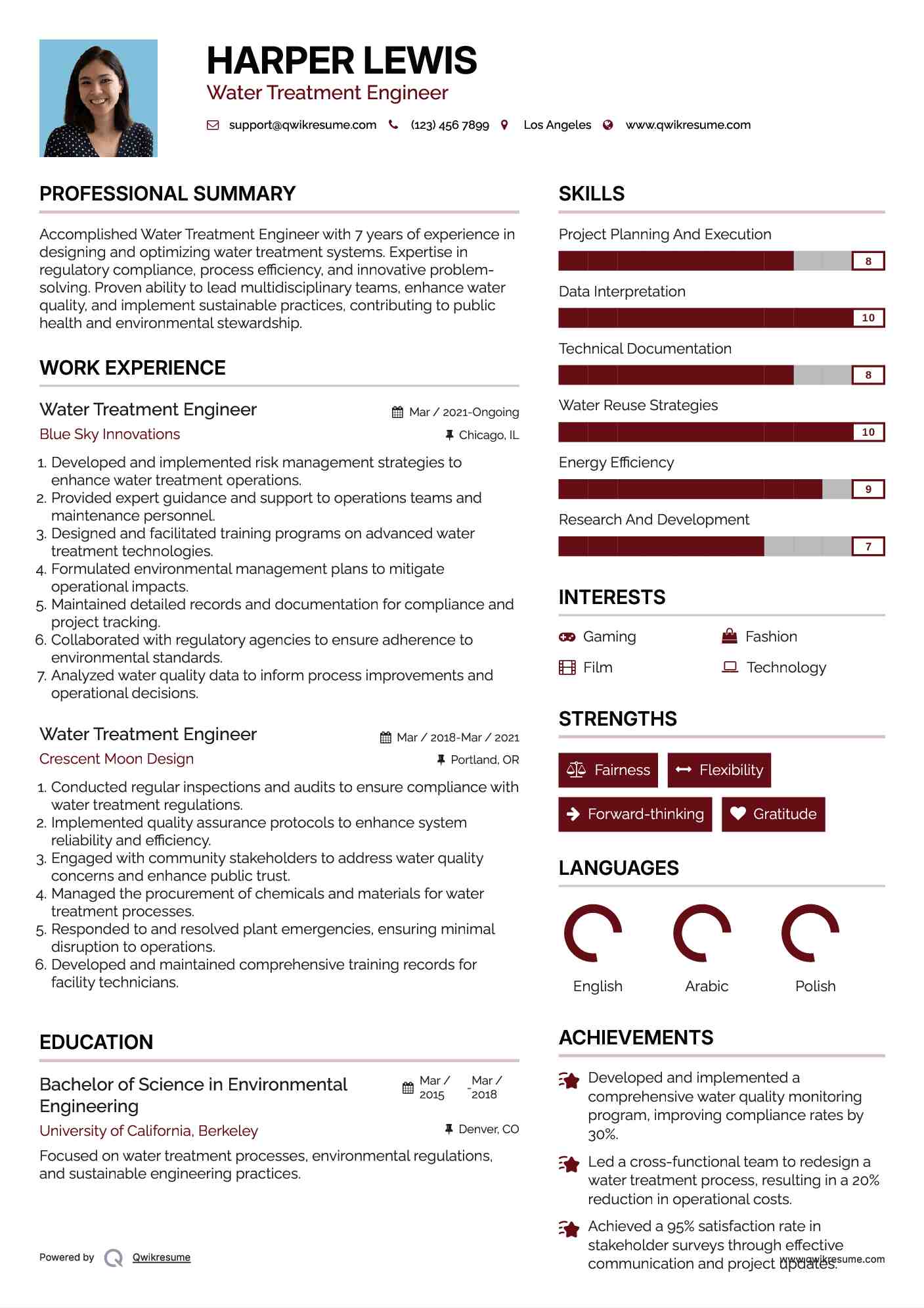 Water Treatment Engineer Resume Example