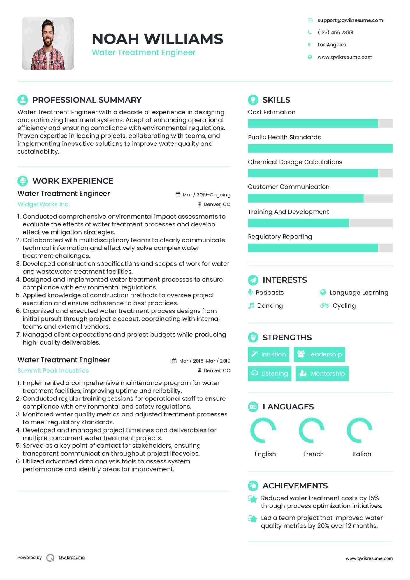 Water Treatment Engineer Resume Sample