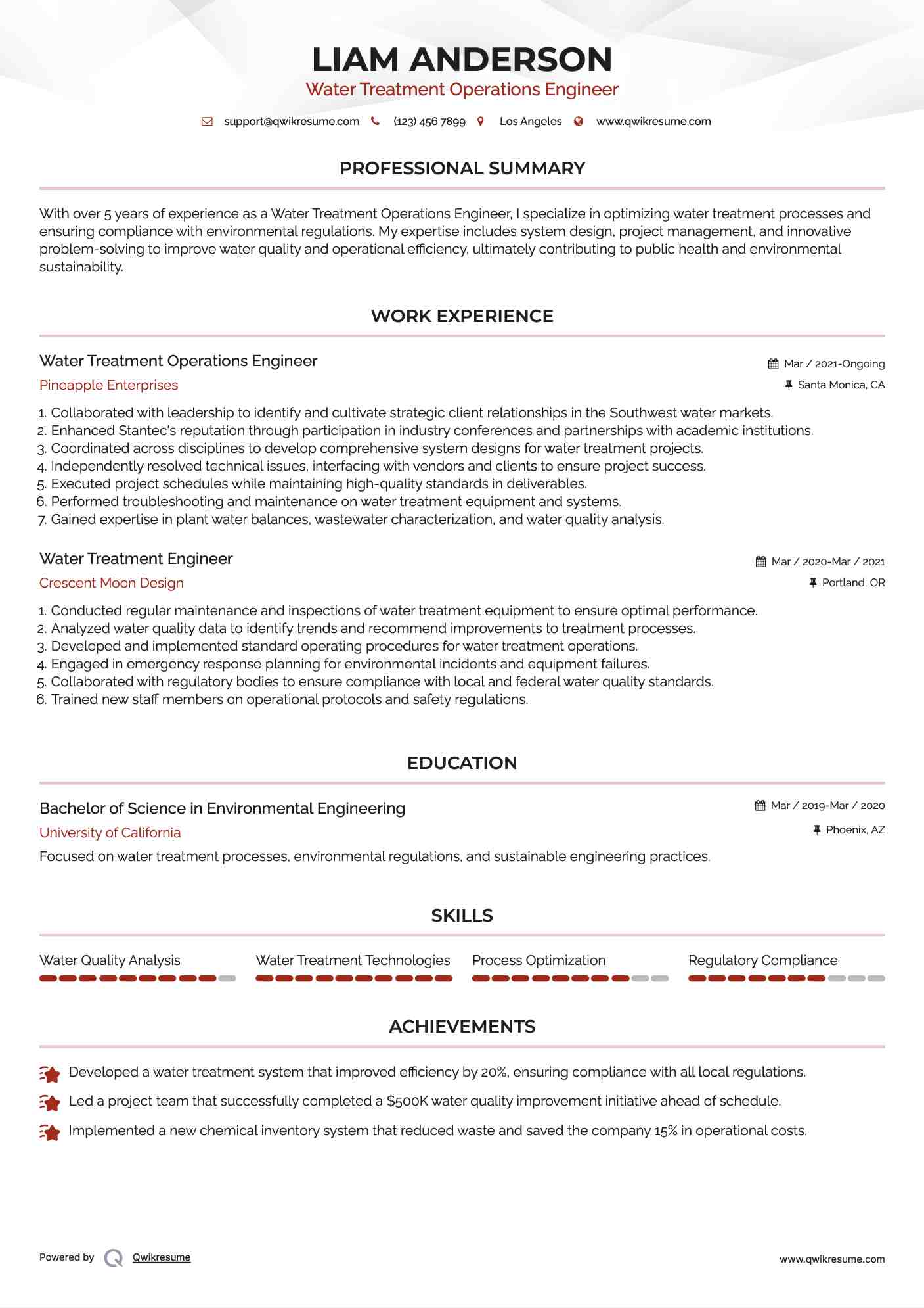Water Treatment Operations Engineer Resume Format