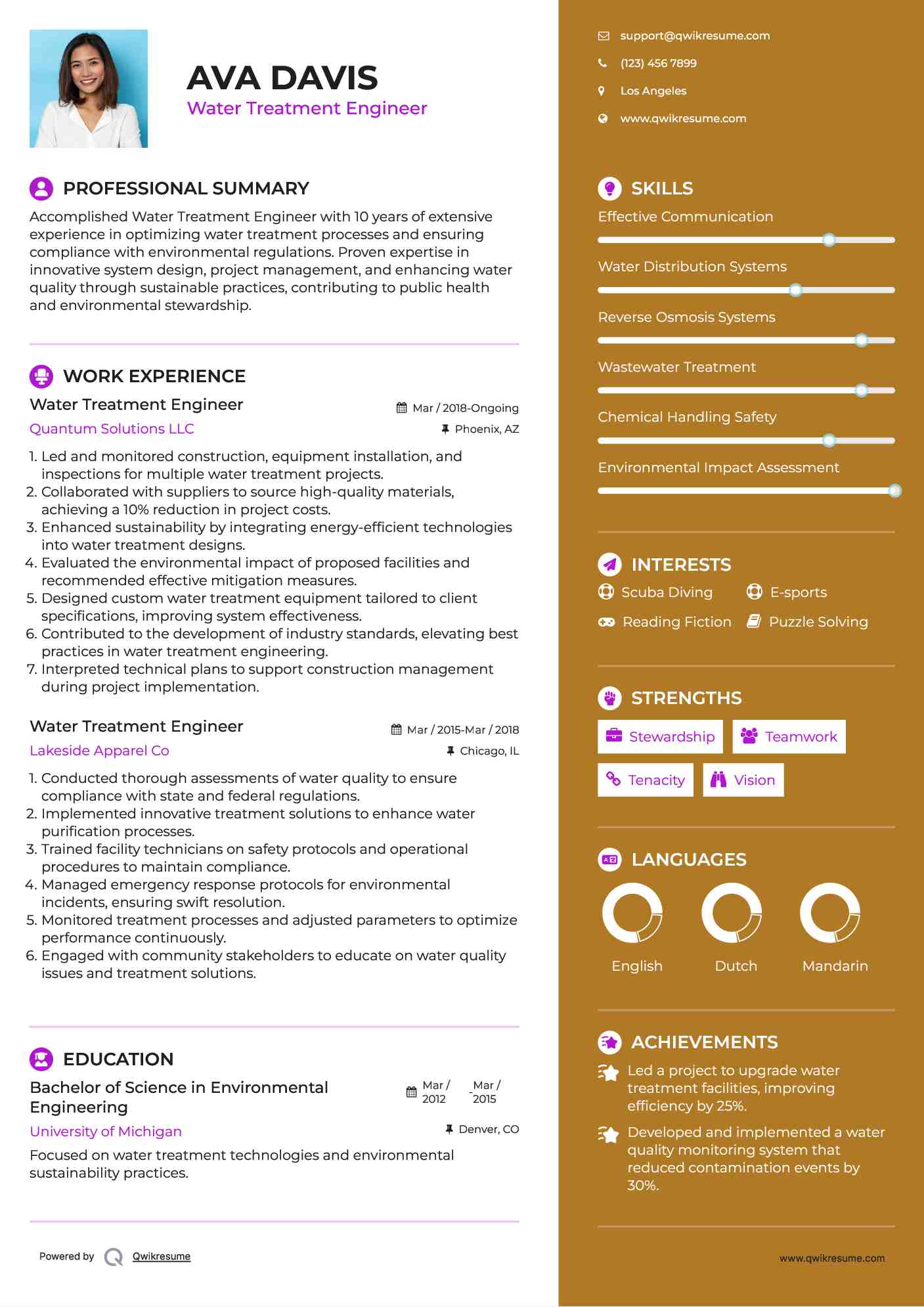 Water Treatment Engineer Resume Model