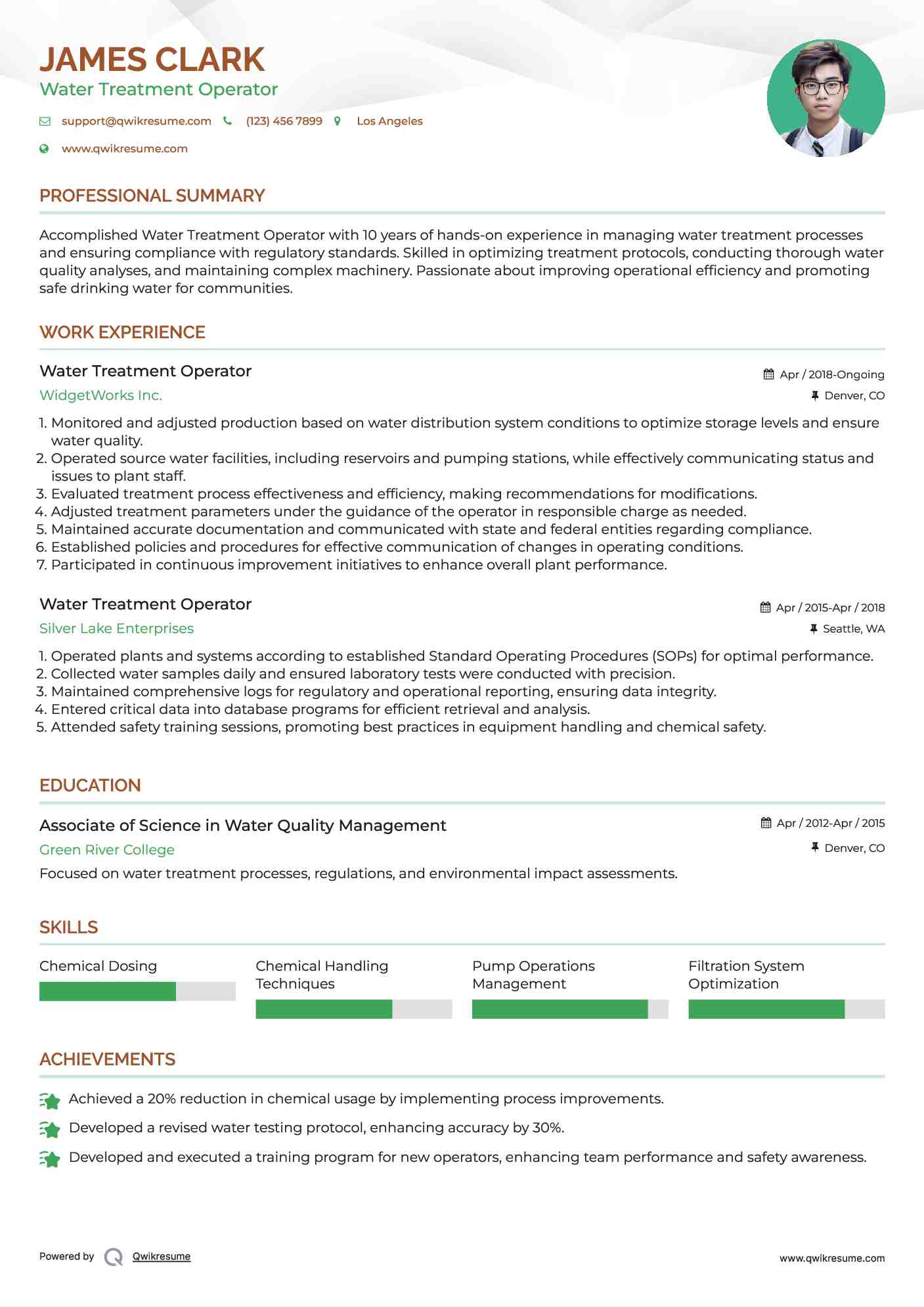 Water Treatment Operator Resume Model