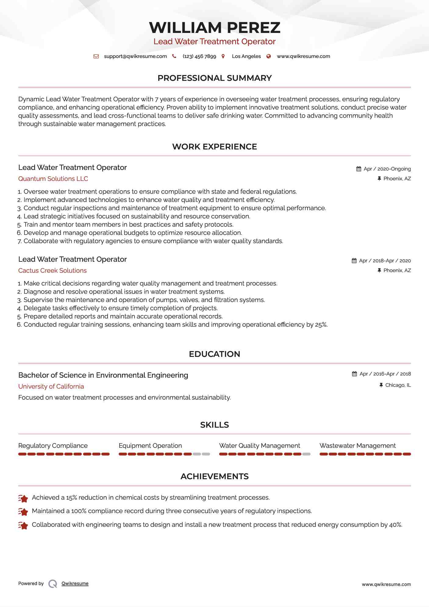 Lead Water Treatment Operator Resume Example