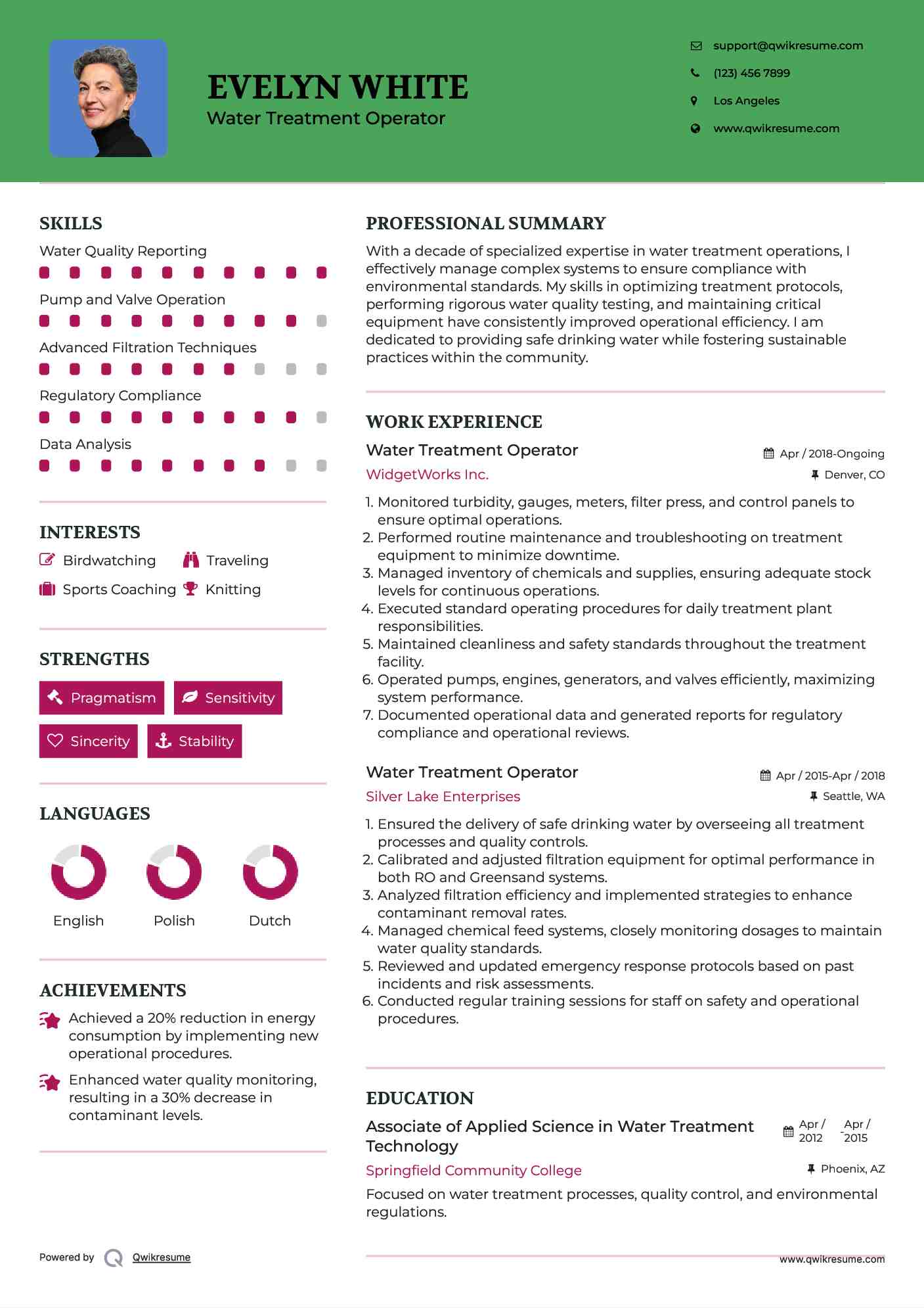 Water Treatment Operator Resume Example