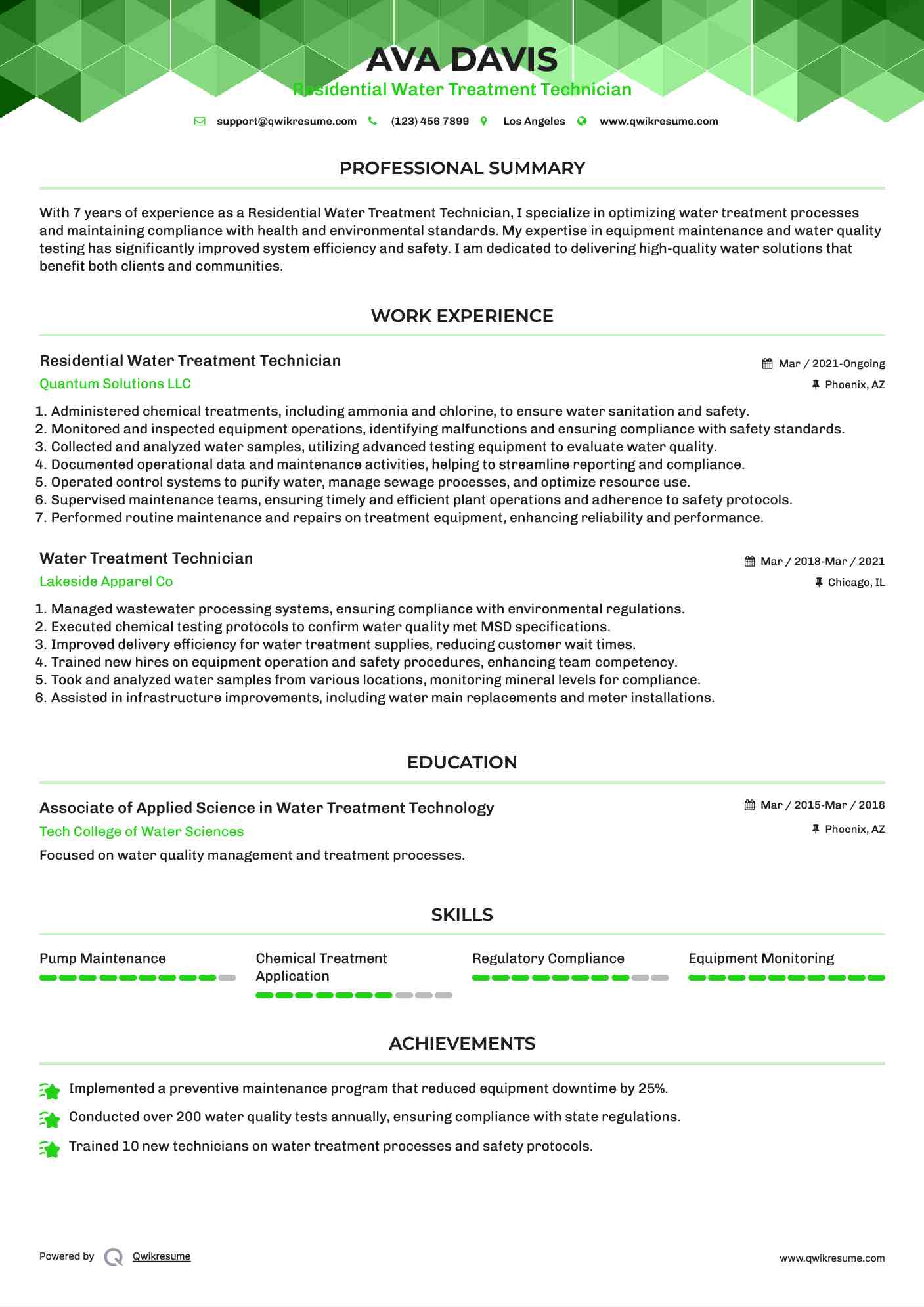 Residential Water Treatment Technician
 Resume Example