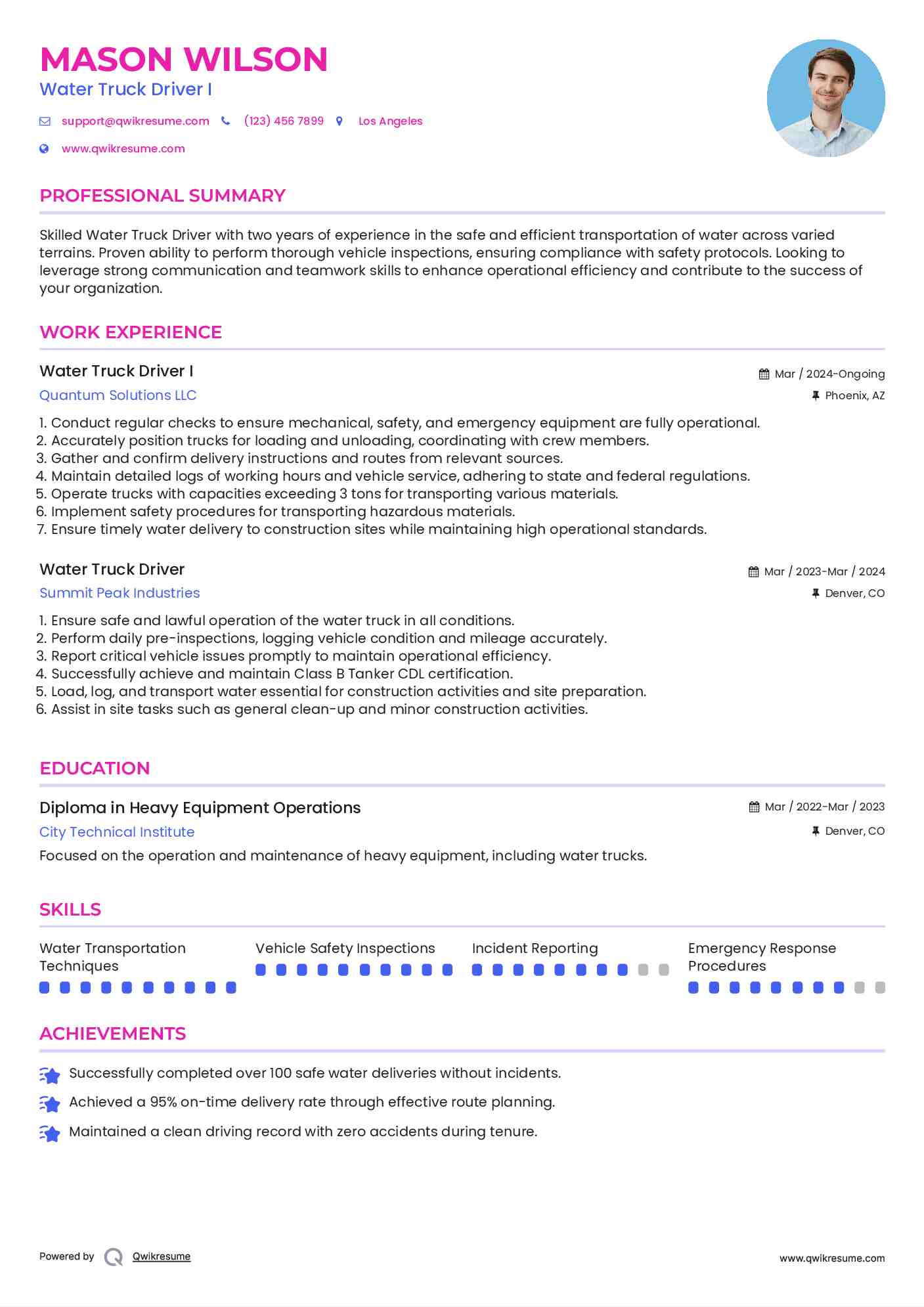 Water Truck Driver I
 Resume Format