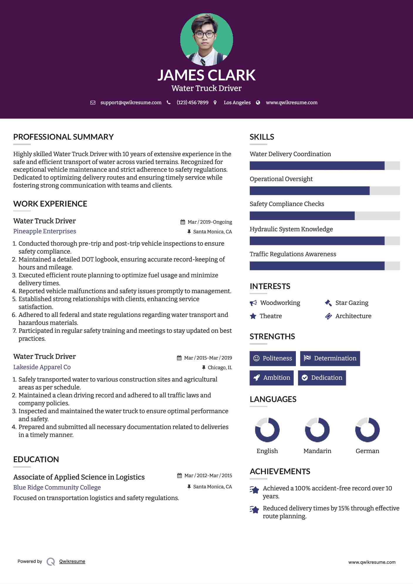 Water Truck Driver Resume Sample