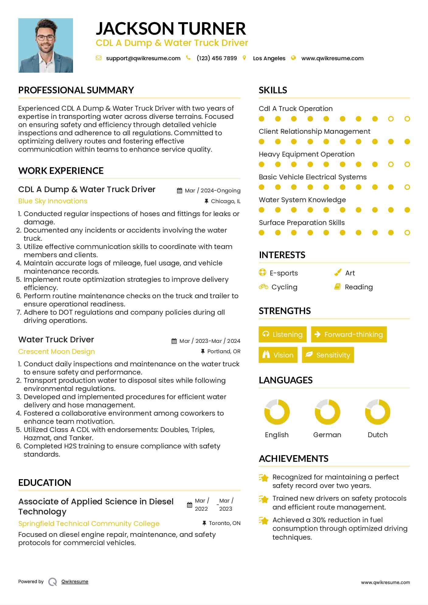 CDL A Dump & Water Truck Driver
 Resume Model