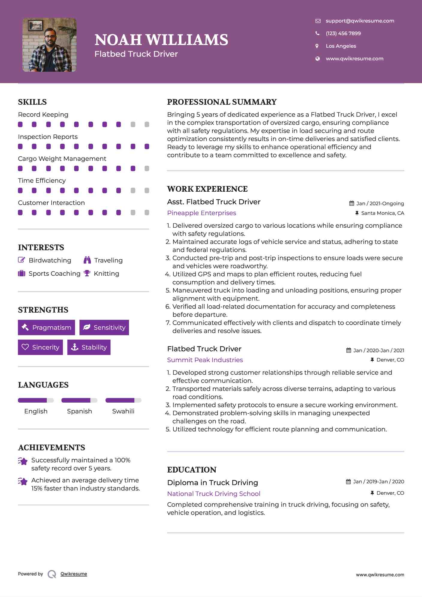 Asst. Flatbed Truck Driver Resume Format