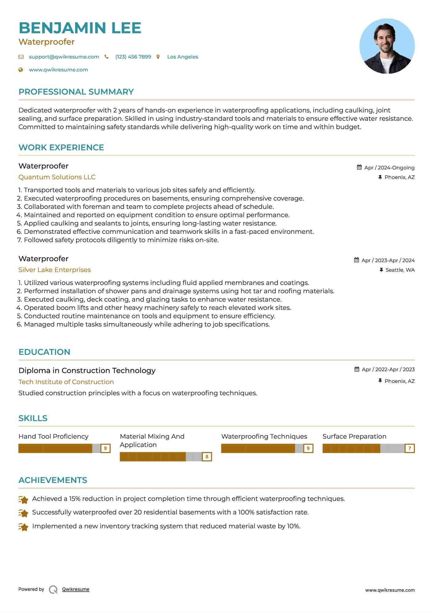 Waterproofer Resume Example