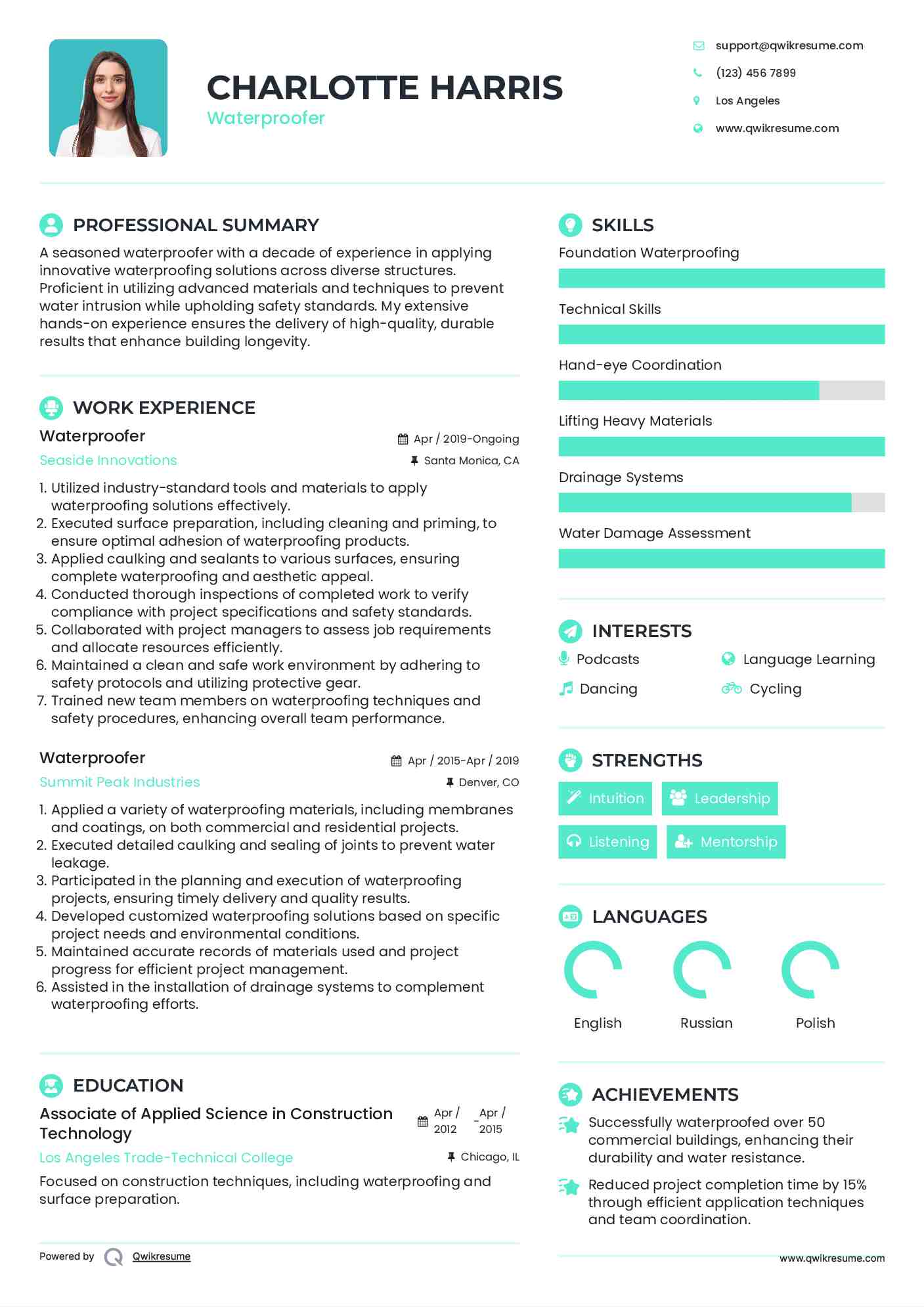 Waterproofer Resume Sample