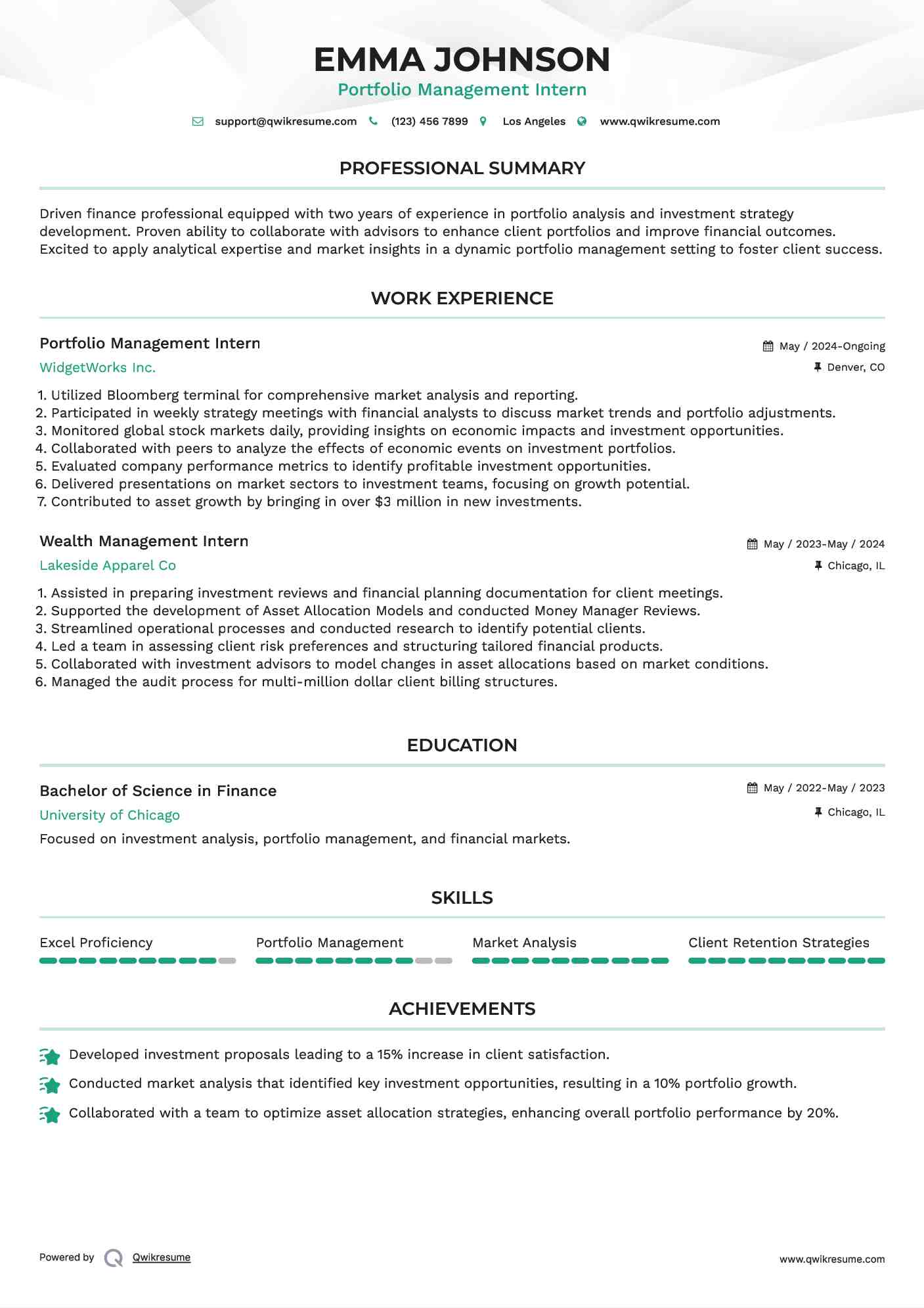 Portfolio Management Intern Resume Example