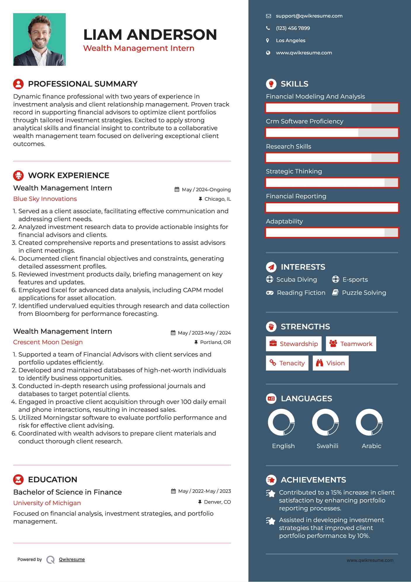 Wealth Management Intern Resume Example