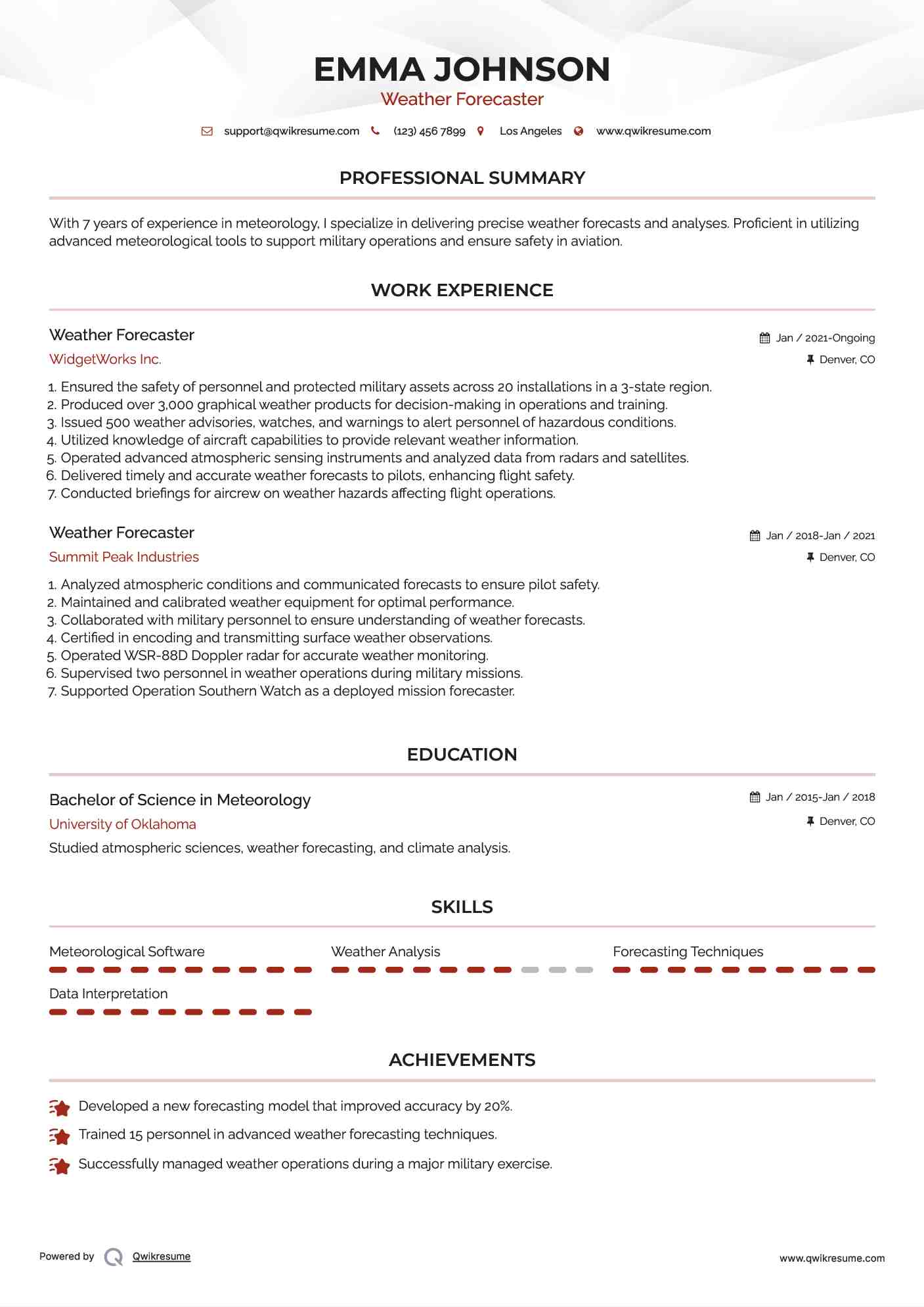 Weather Forecaster Resume Example