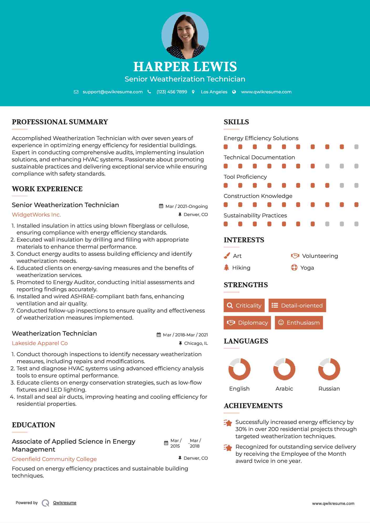 Senior Weatherization Technician Resume Example