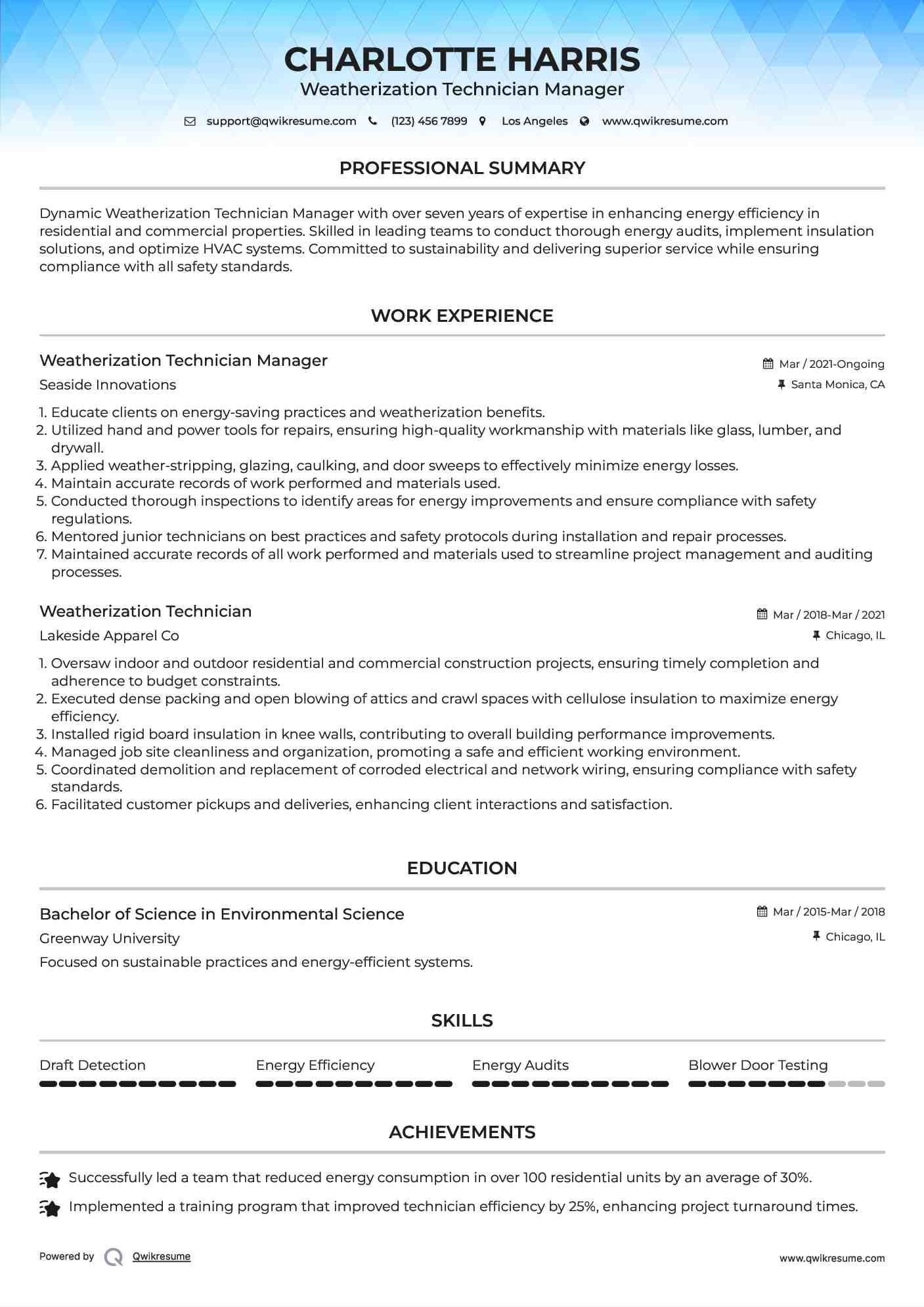 Weatherization Technician Manager Resume Template