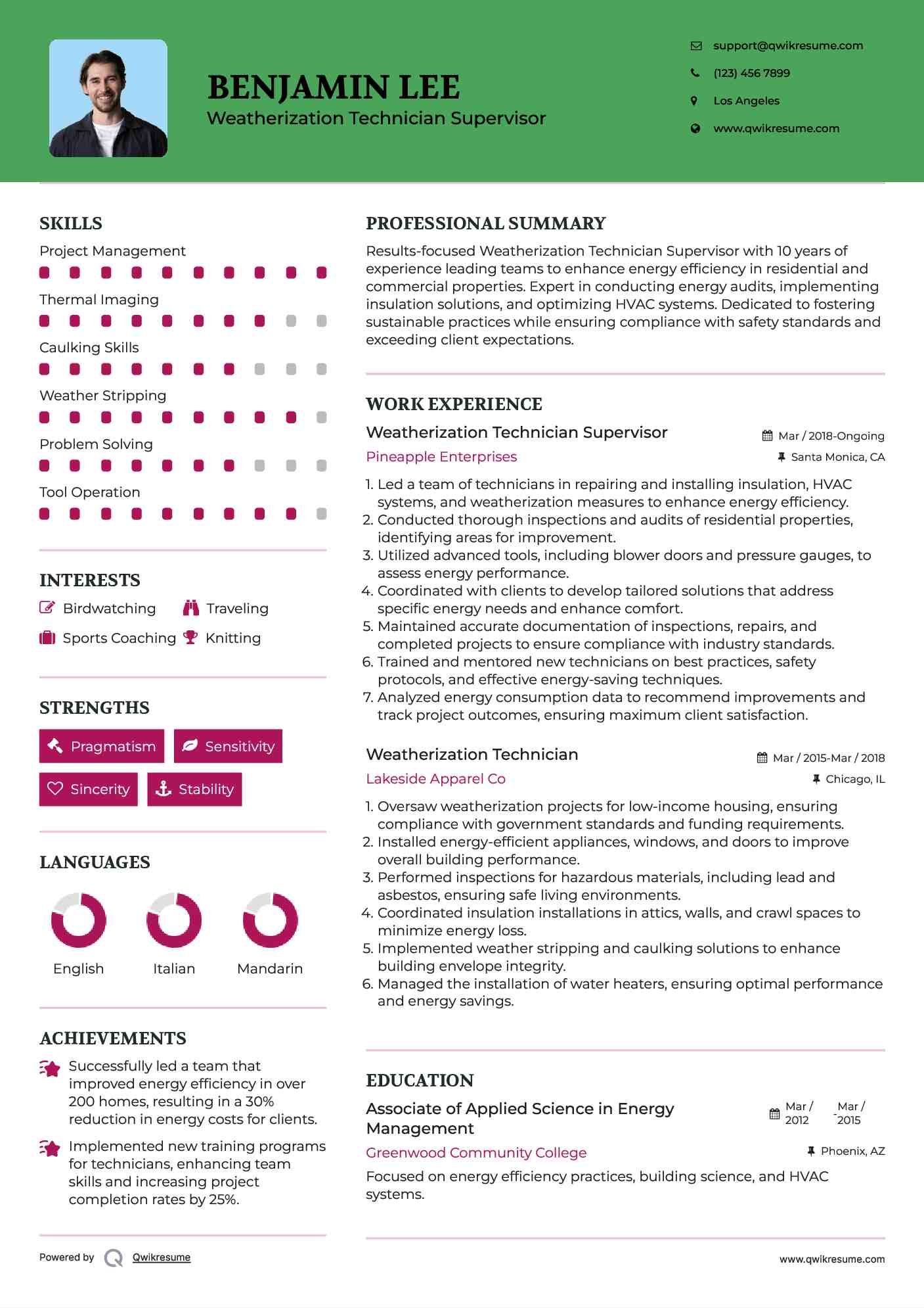 Weatherization Technician Supervisor Resume Model