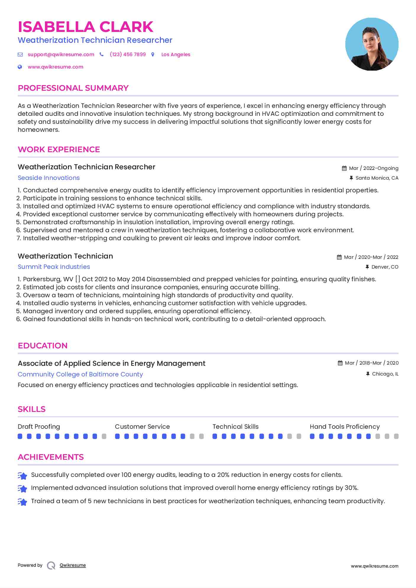 Weatherization Technician Researcher Resume Model