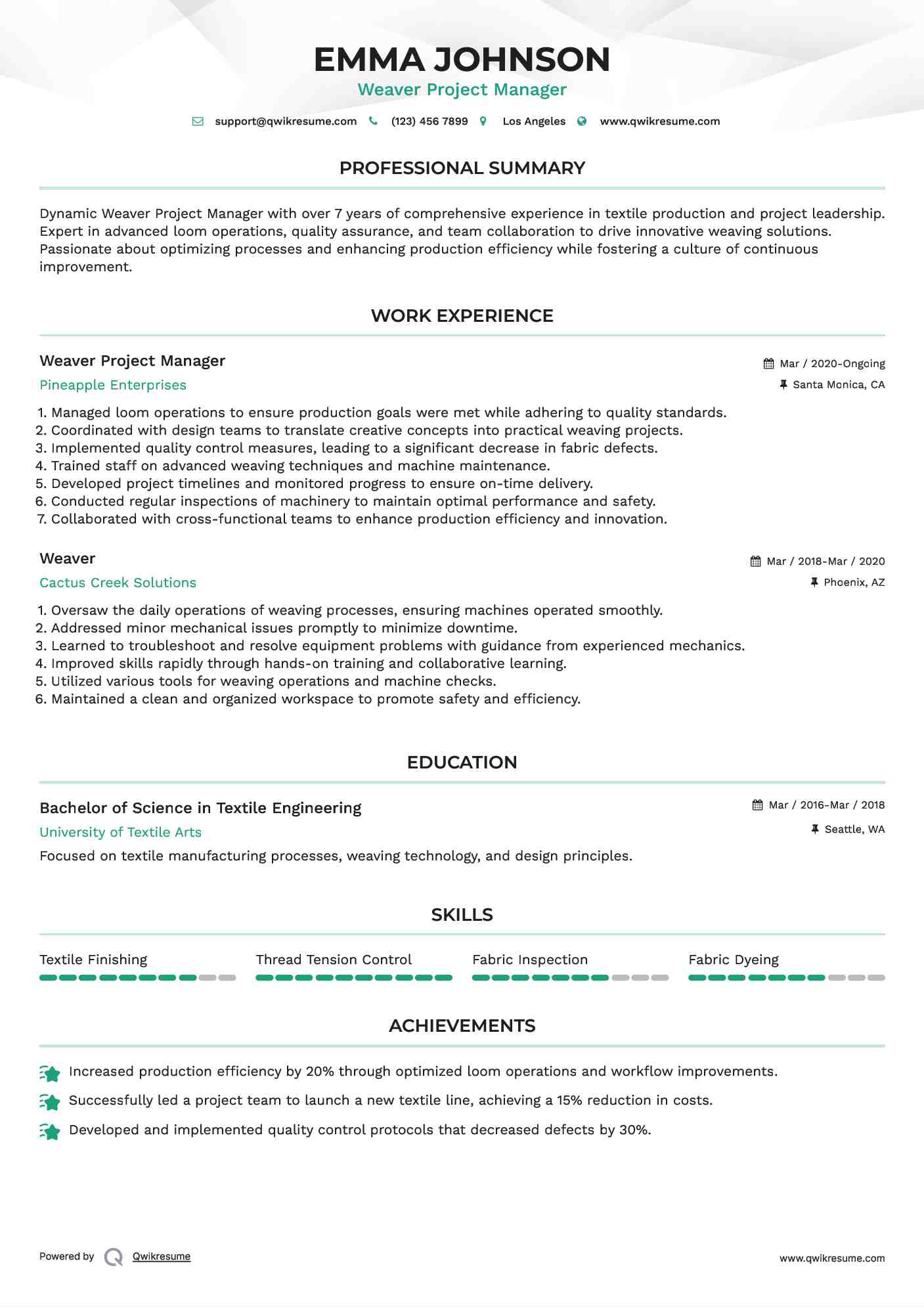 Weaver Project Manager Resume Format