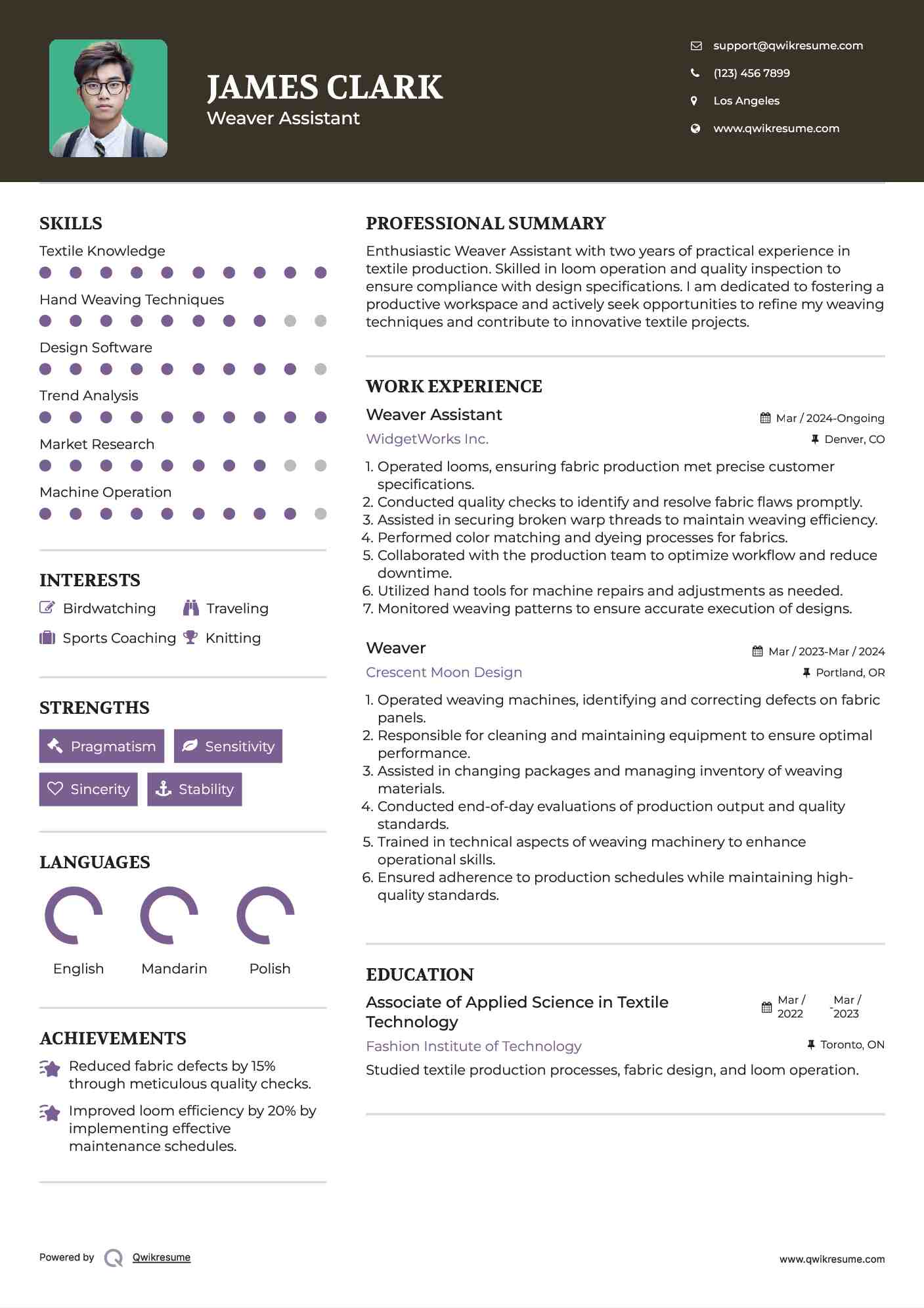 Weaver Assistant Resume Sample