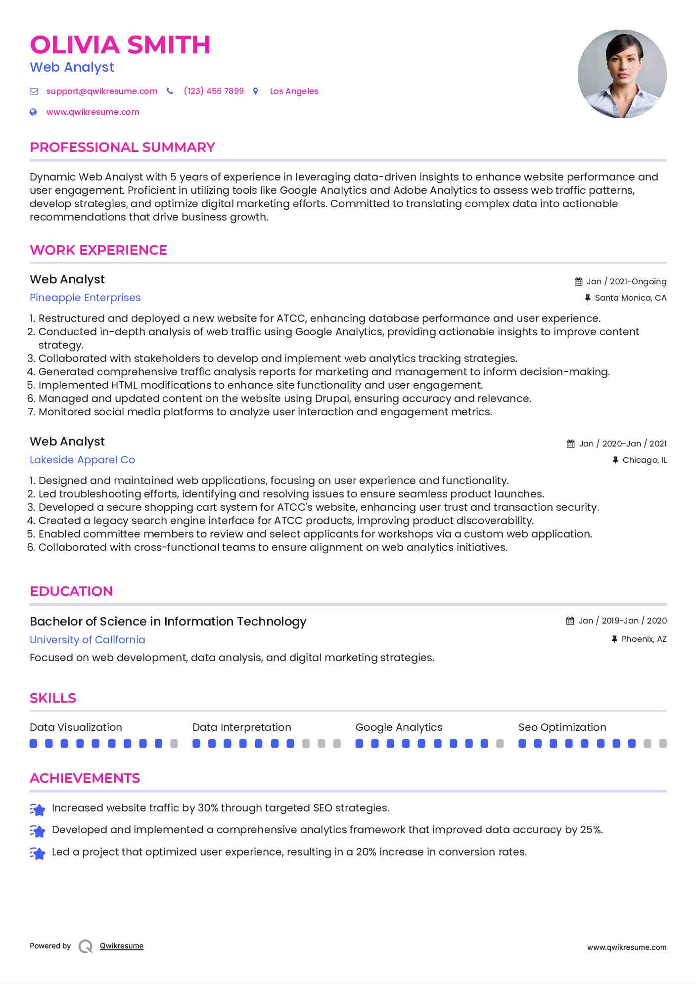 Web Analyst Resume Sample