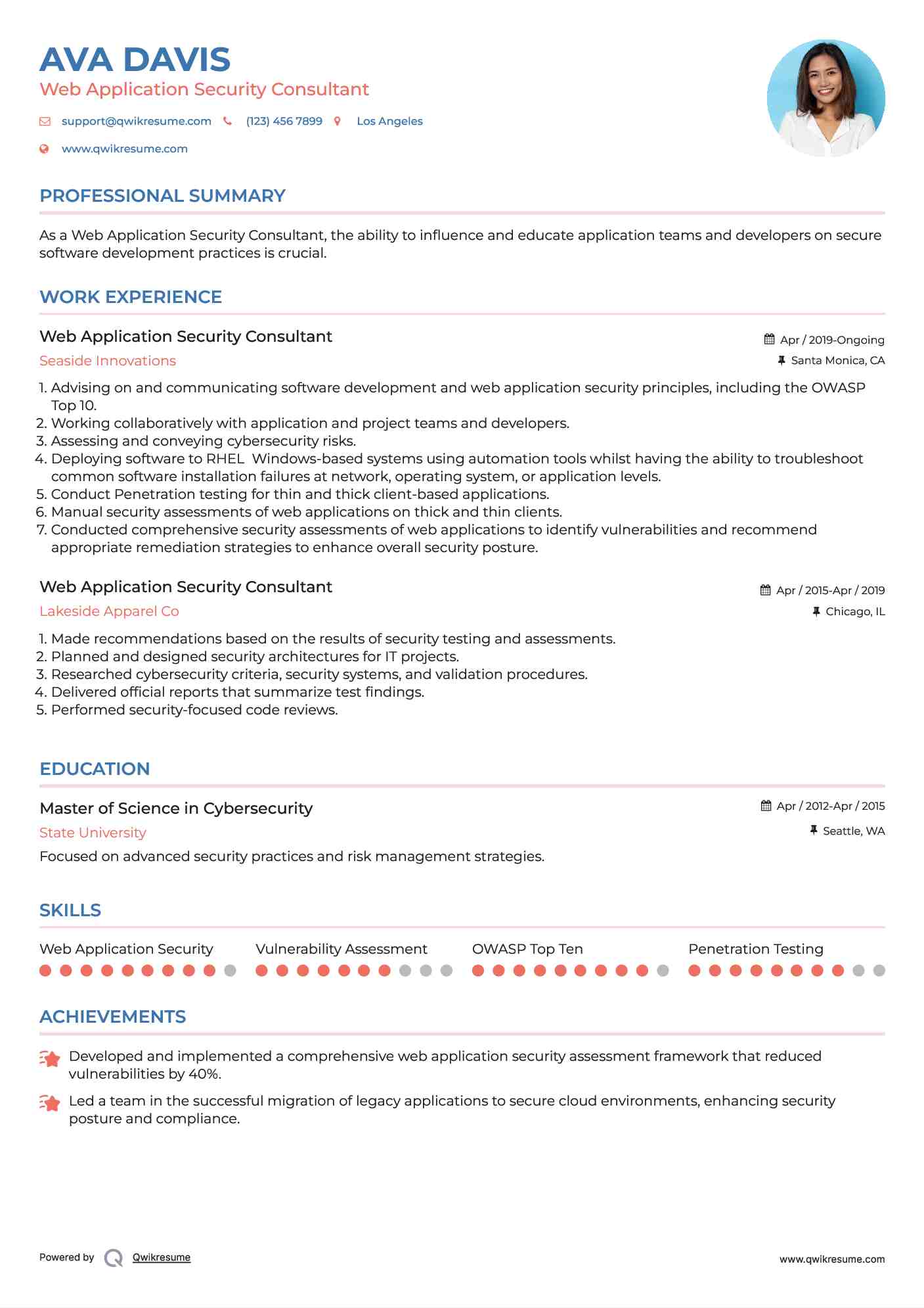 Web Application Security Consultant Resume Example