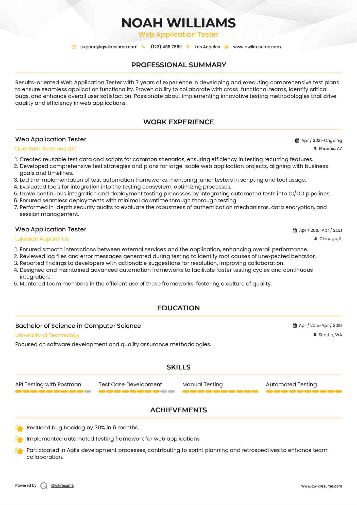 Web Application Tester Resume Sample