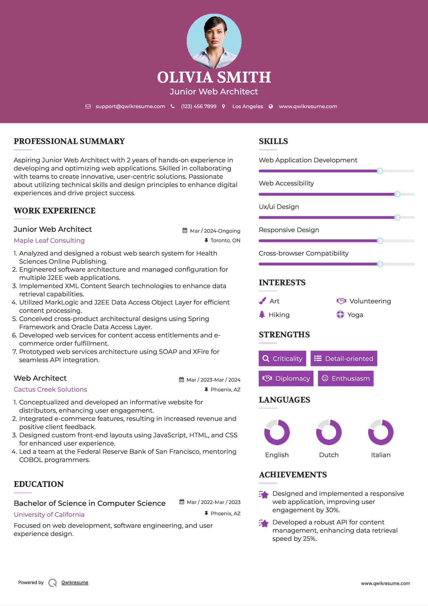 Junior Web Architect Resume Example