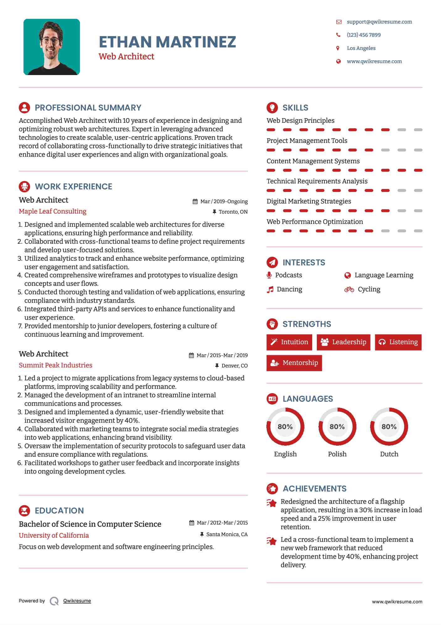 Web Architect Resume Template