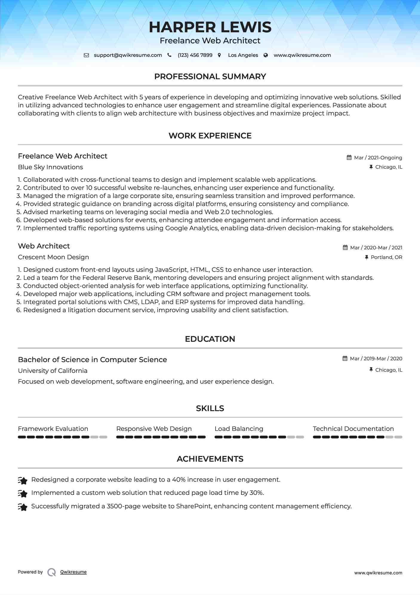 Freelance Web Architect Resume Model