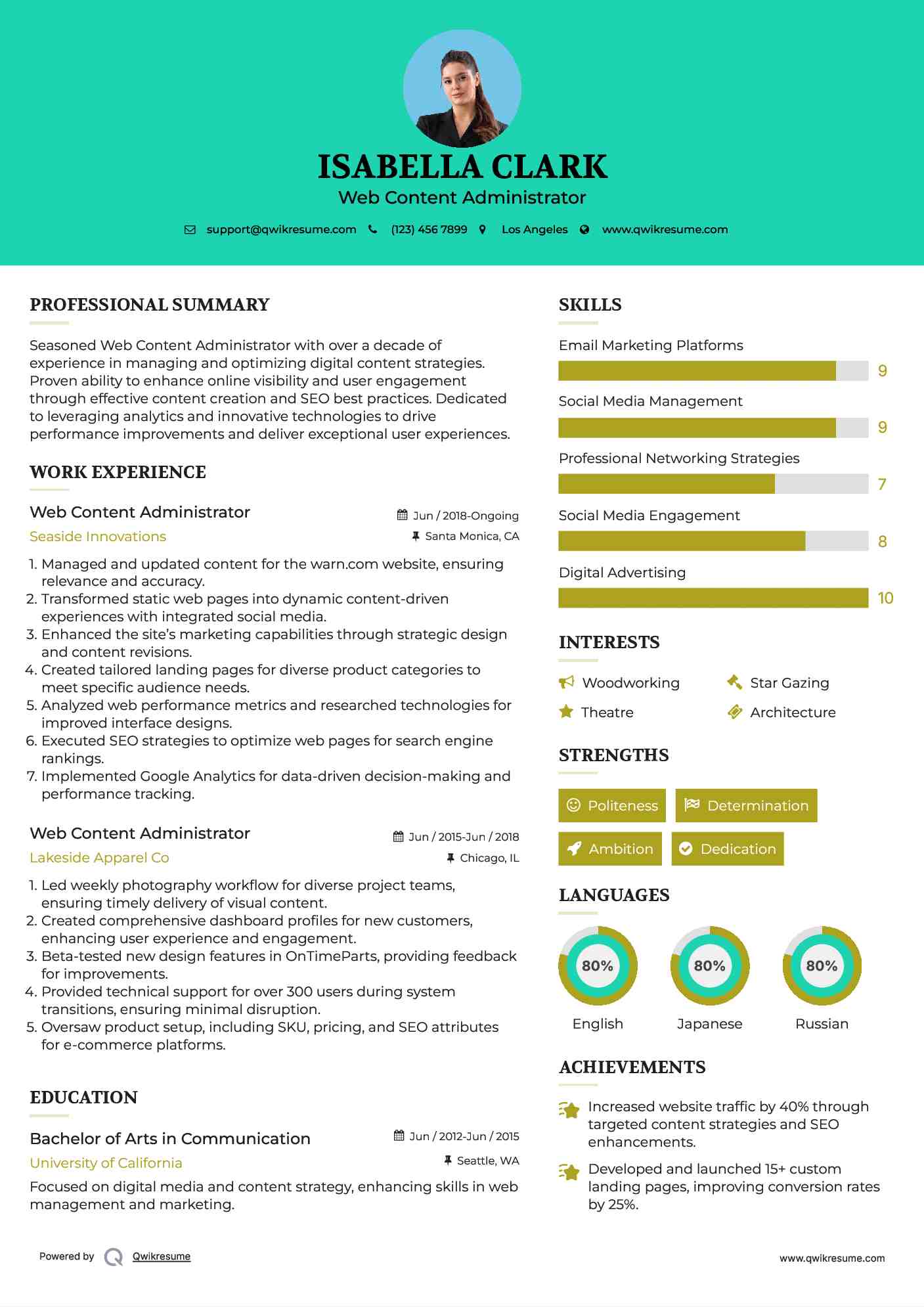 Web Content Administrator Resume Model