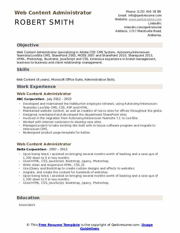 Web Content Administrator Resume Samples QwikResume