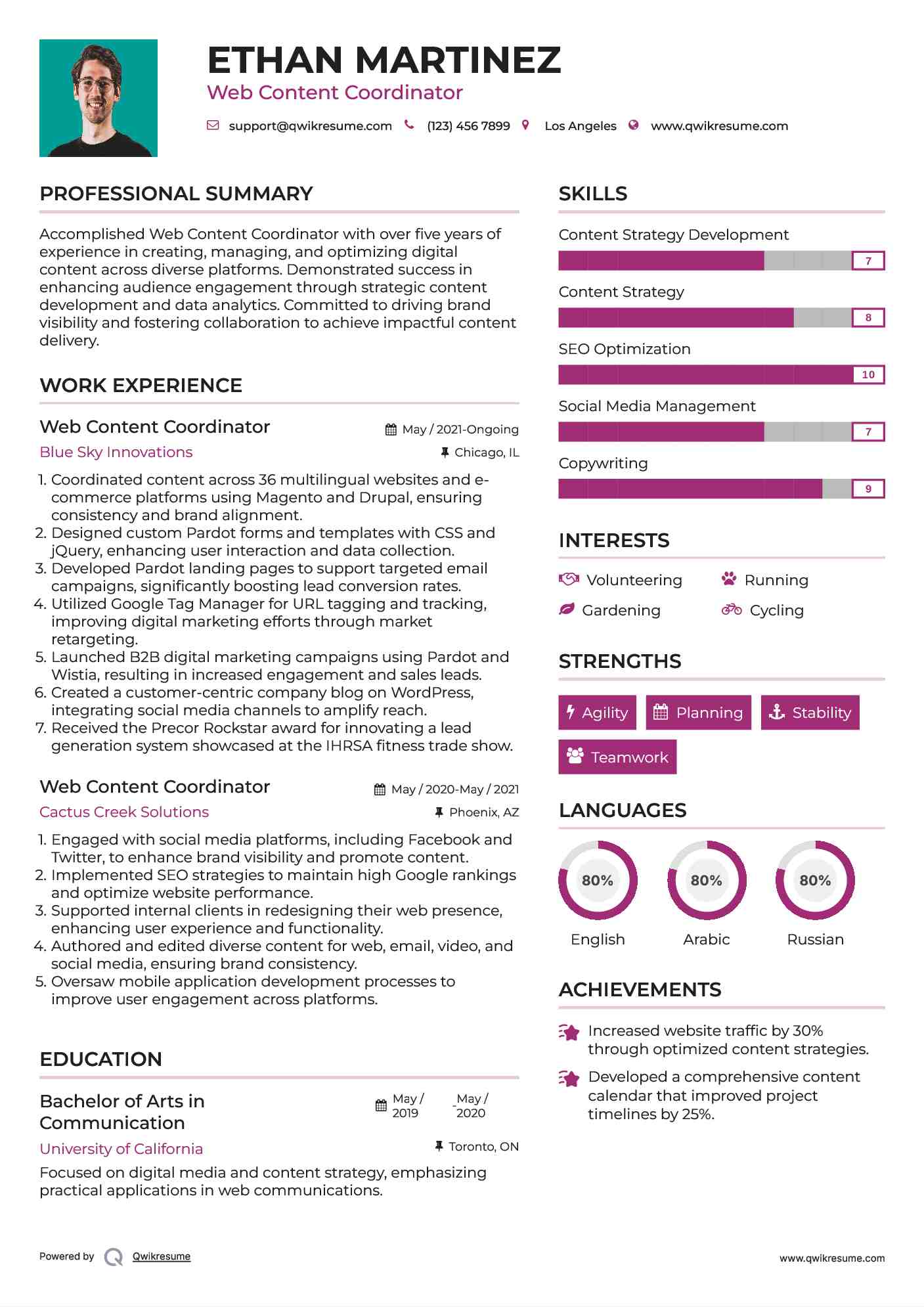 Web Content Coordinator Resume Format