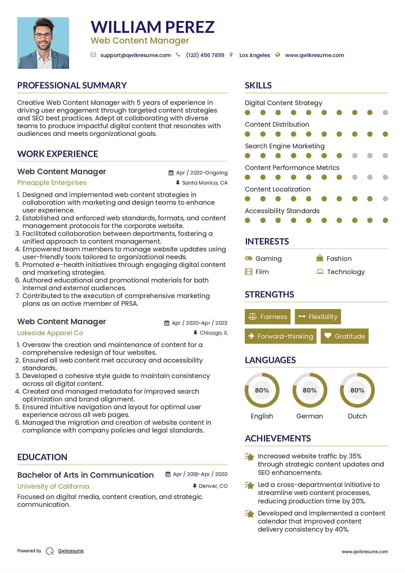 Web Content Manager Resume Model