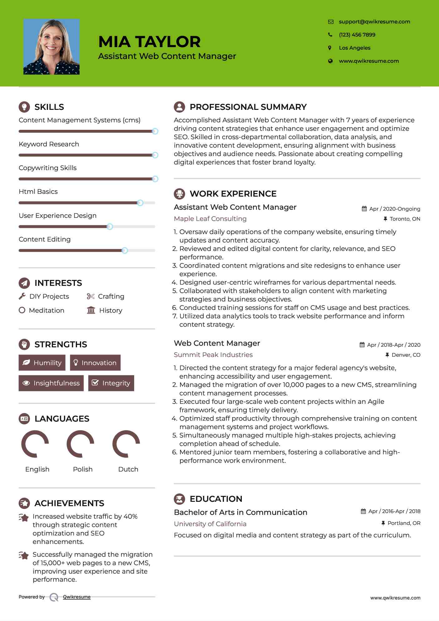 Assistant Web Content Manager Resume Sample