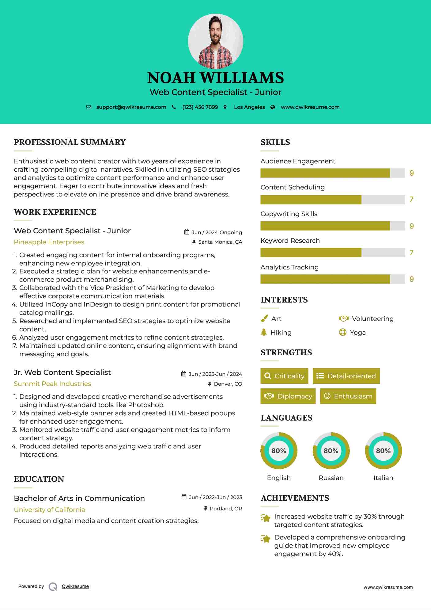Web Content Specialist - Junior Resume Template