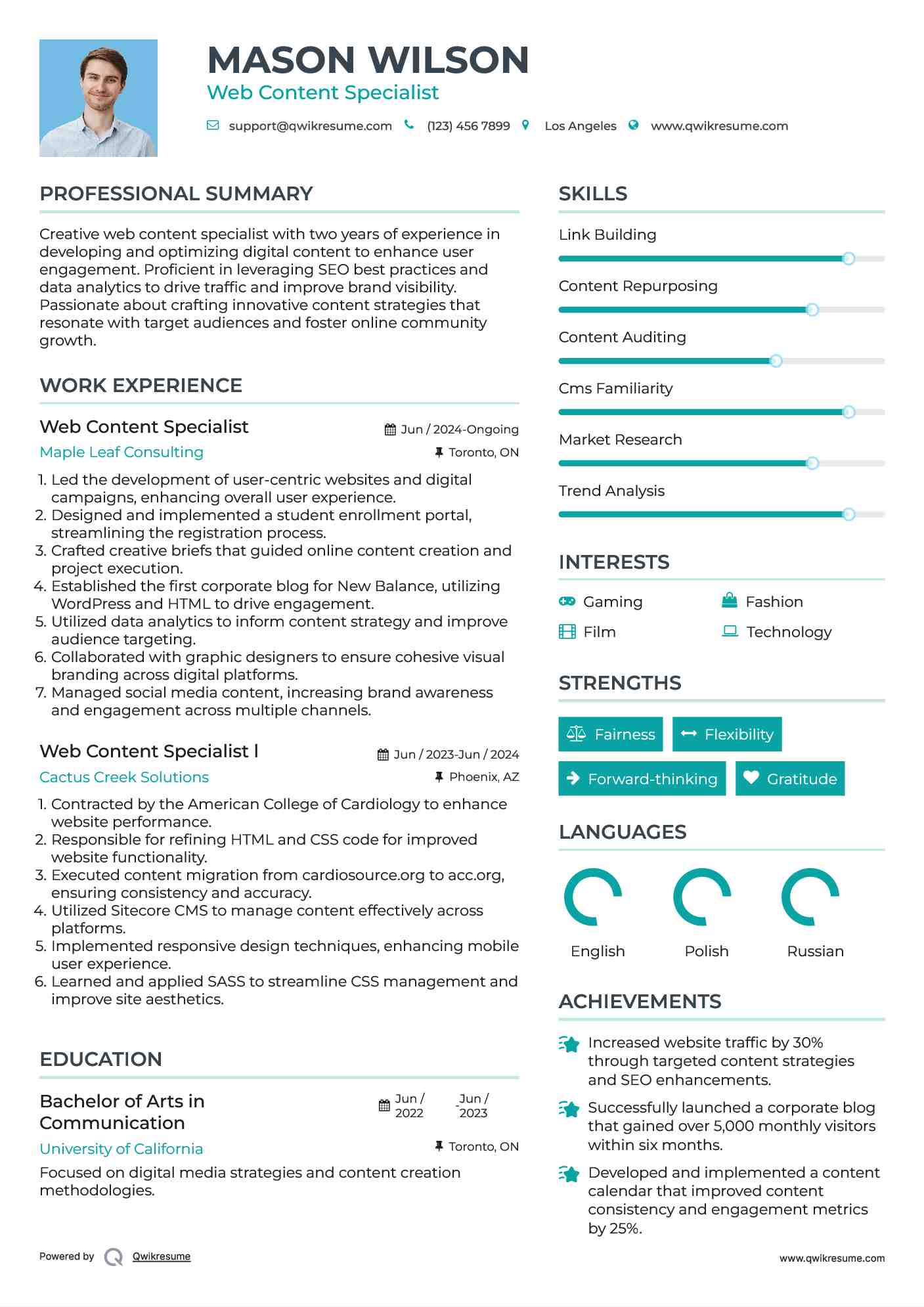 Web Content Specialist Resume Format